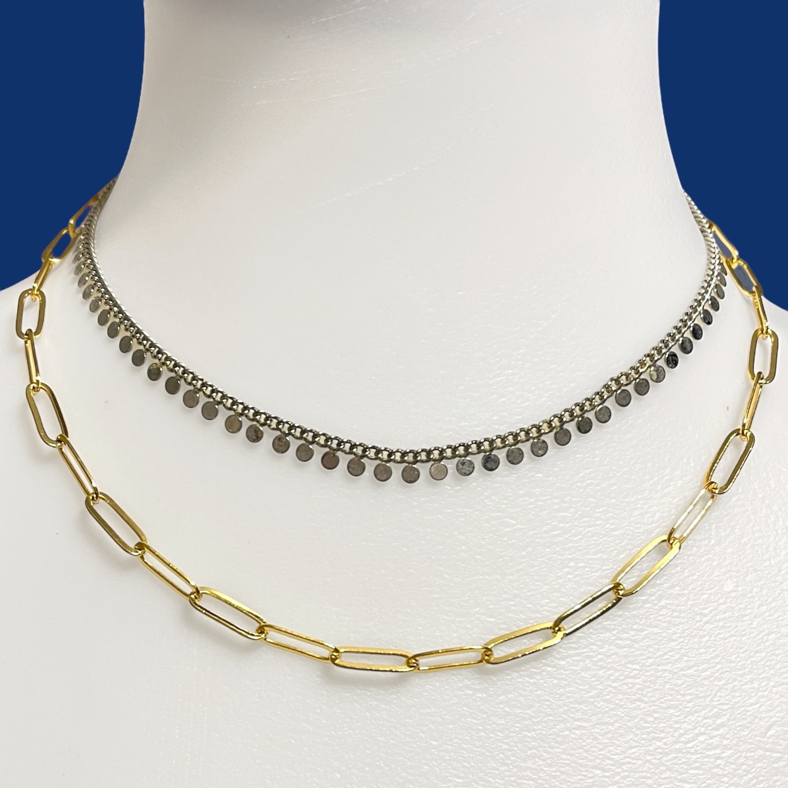 Mixed Metal Necklace Layered Chain Choker Collar Gold Paperclip Oval Link Punk