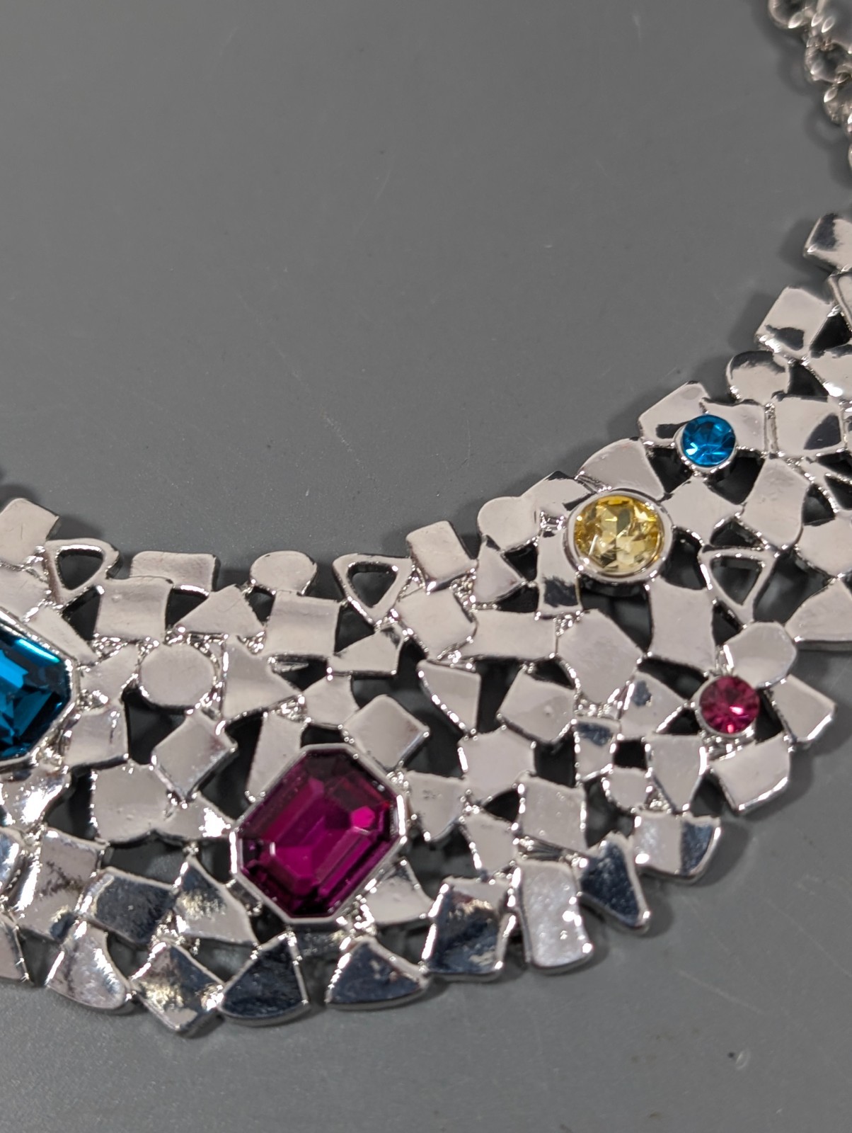 Silver Tone Multicolor Crystal Bib Necklace Modern Statement Jewelry 21 in Glam
