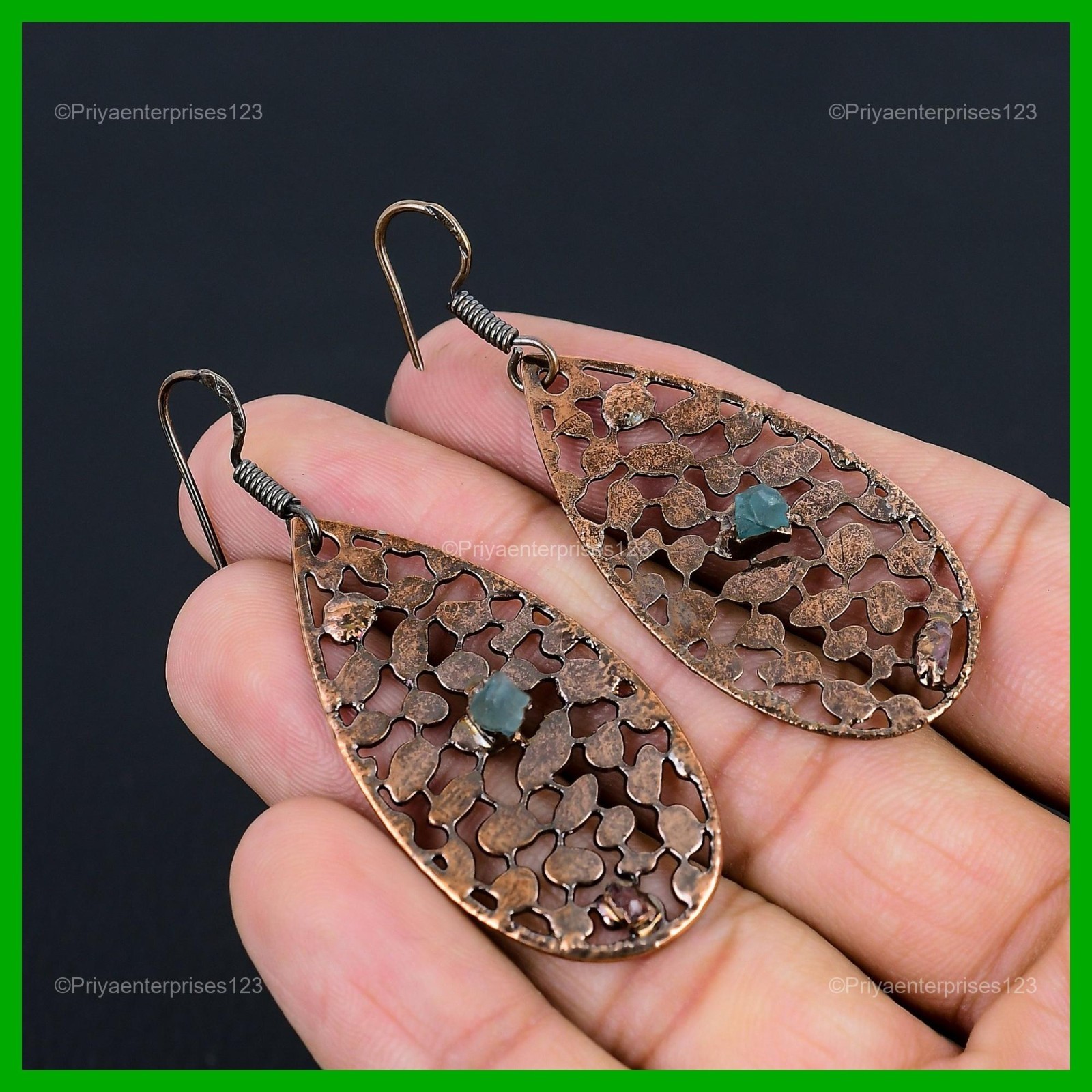Pentagon Natural Chrome Diopside Copper Daughter New Electroformed Drop Earrings