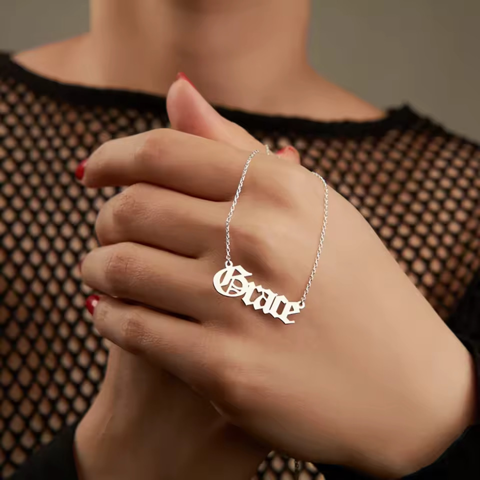 Custom Personalized Name Old English Pendant Necklace Link Chain Lobster Clasp