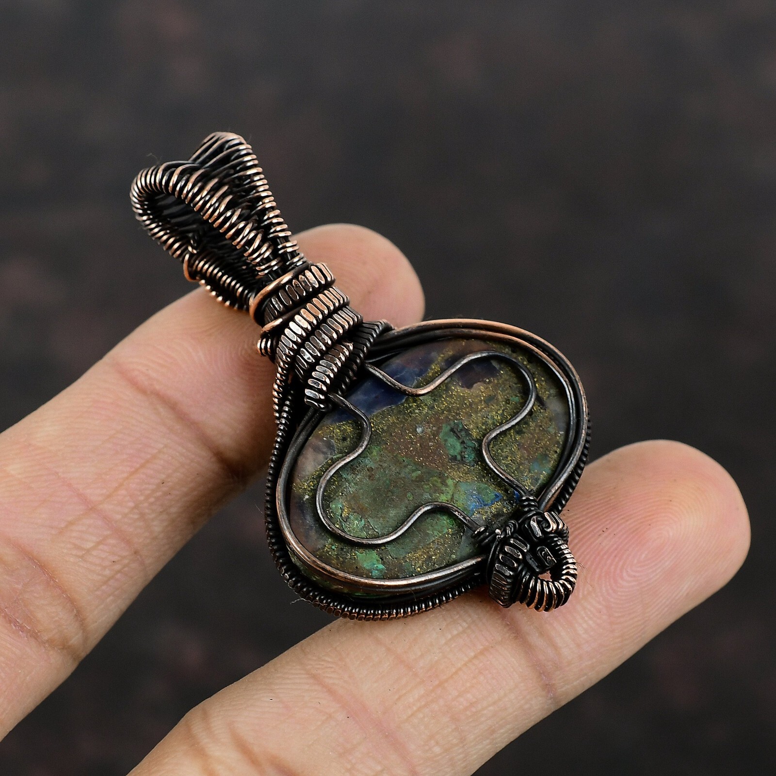 Wedding Gift For Her Copper Azurite Malachite Jewelry Wire Wrapped Pendant 2.28″