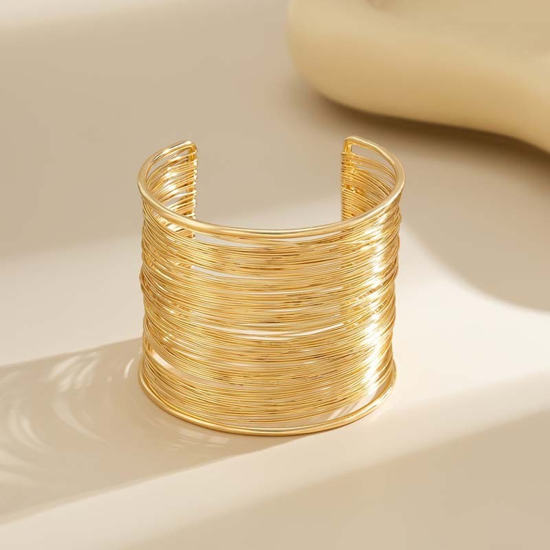 Wide Wire Cuff Bracelet Women Gold Tone Open Bangle Layered Metal Fashion Jewelr