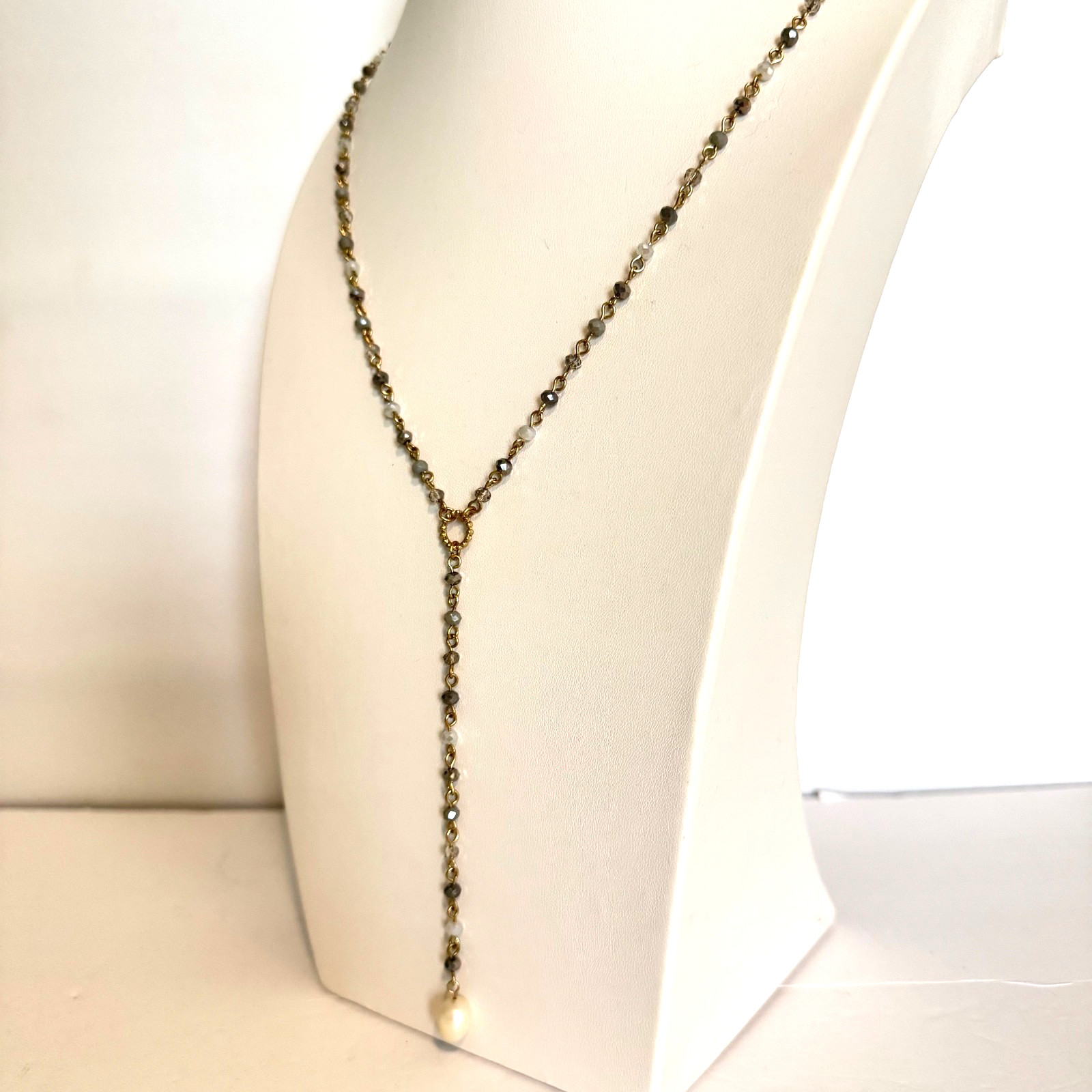 Boho Gold Tone Beaded Y Necklace Gray Crystal Rosary Chain Pearl Drop Lariat