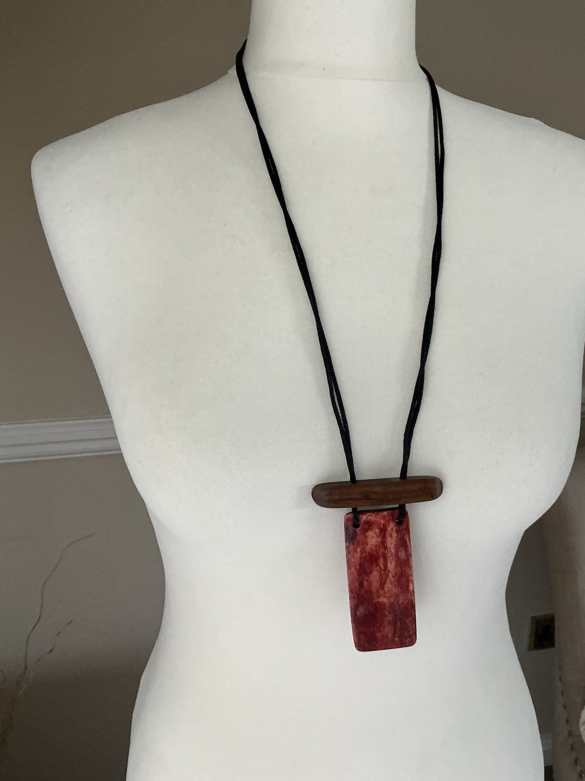 Statement Boho Arty Lagenlook Long Cord Necklace Wood & Resin pendant