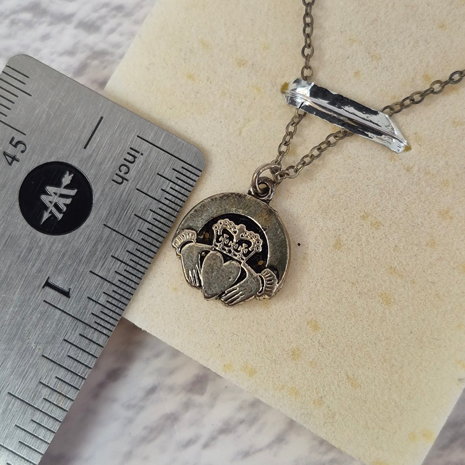 Irish Claddagh Pendant Necklace Silver Tone Celtic Heart Crown Hands 18 Inch