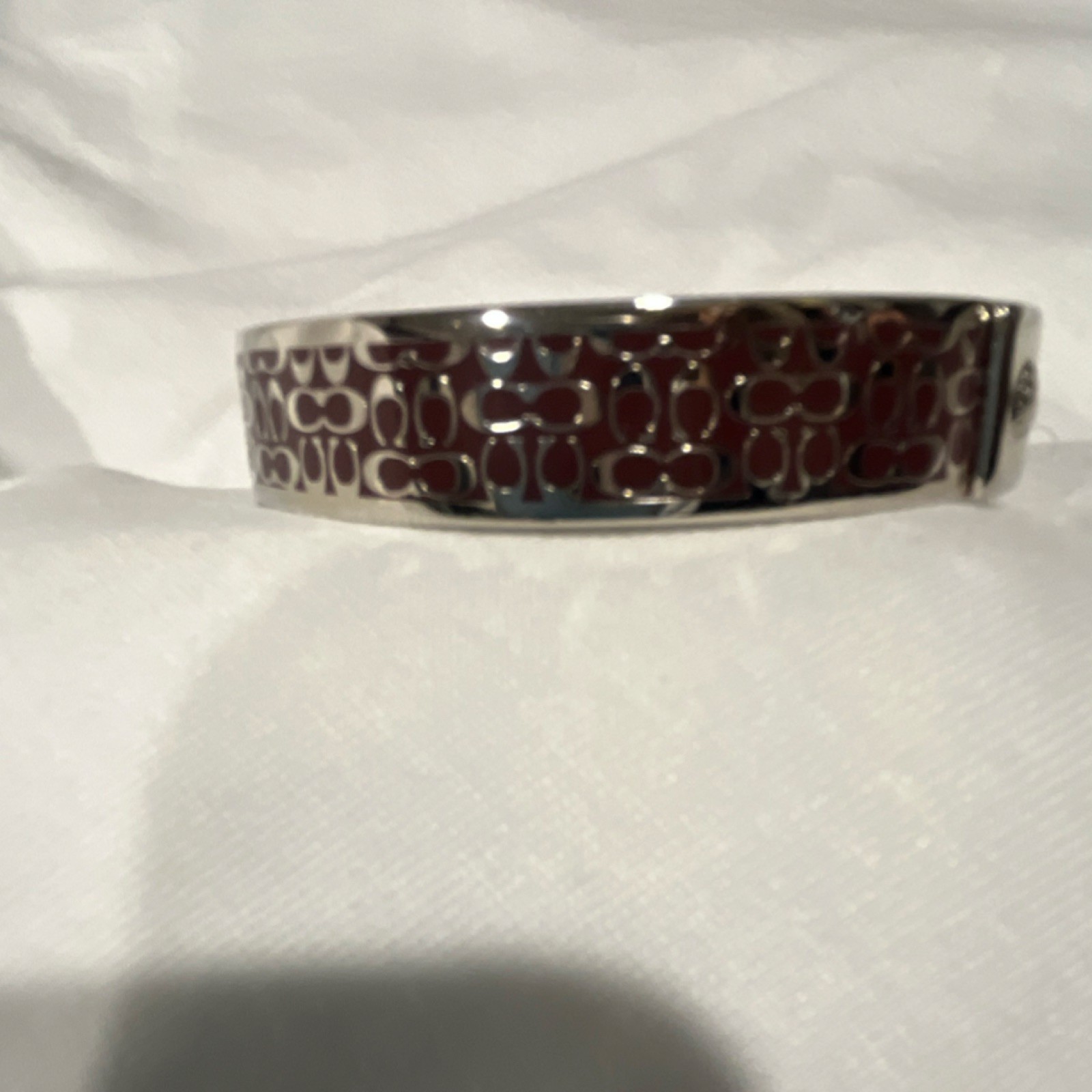 Coach Silver Red Metal Bangle Bracelet Push Lock Round Signed
