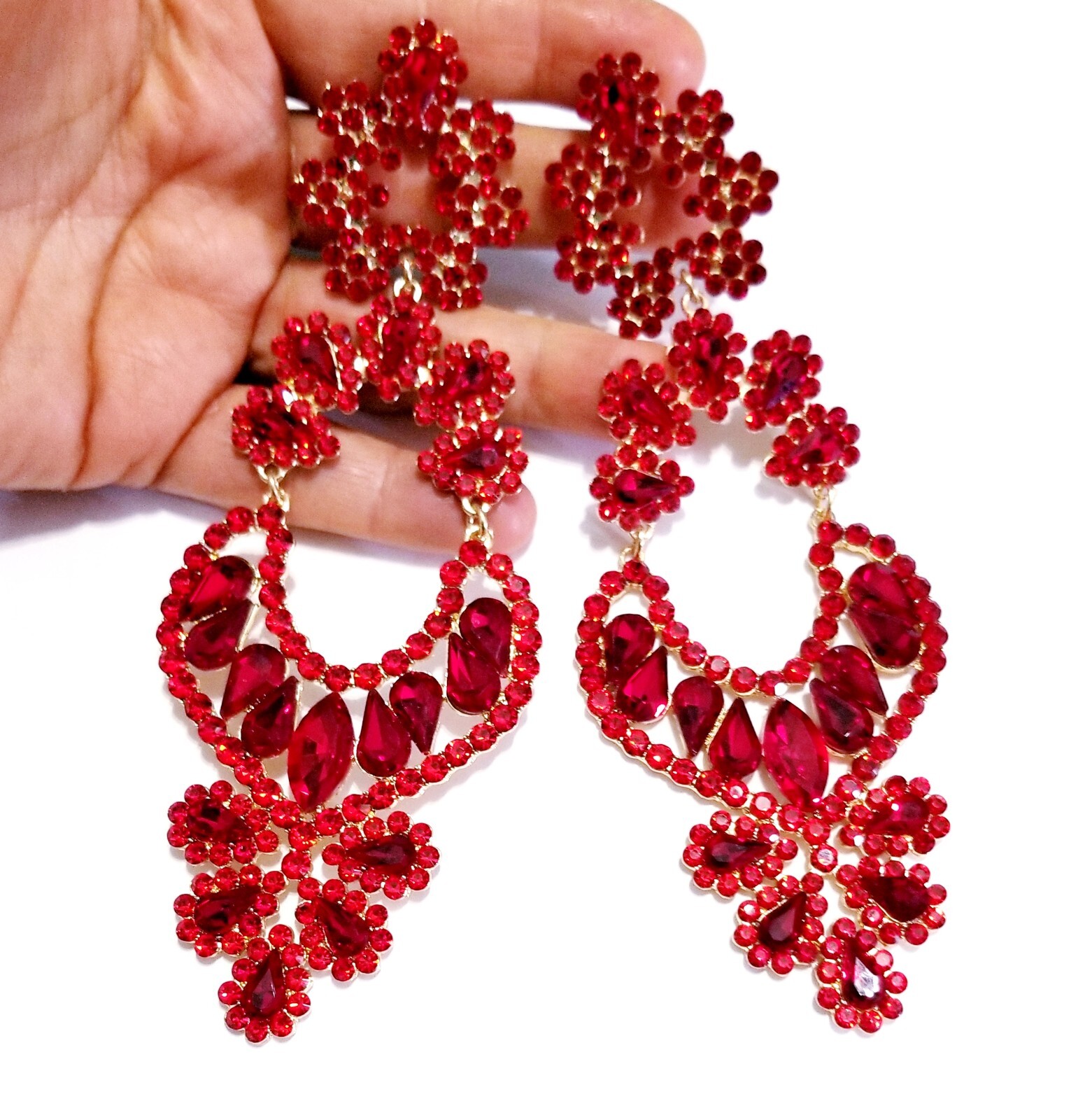 Oversized Rhinestone Crystal Chandelier Earrings Red 6 inch Dangle Drop Pageant