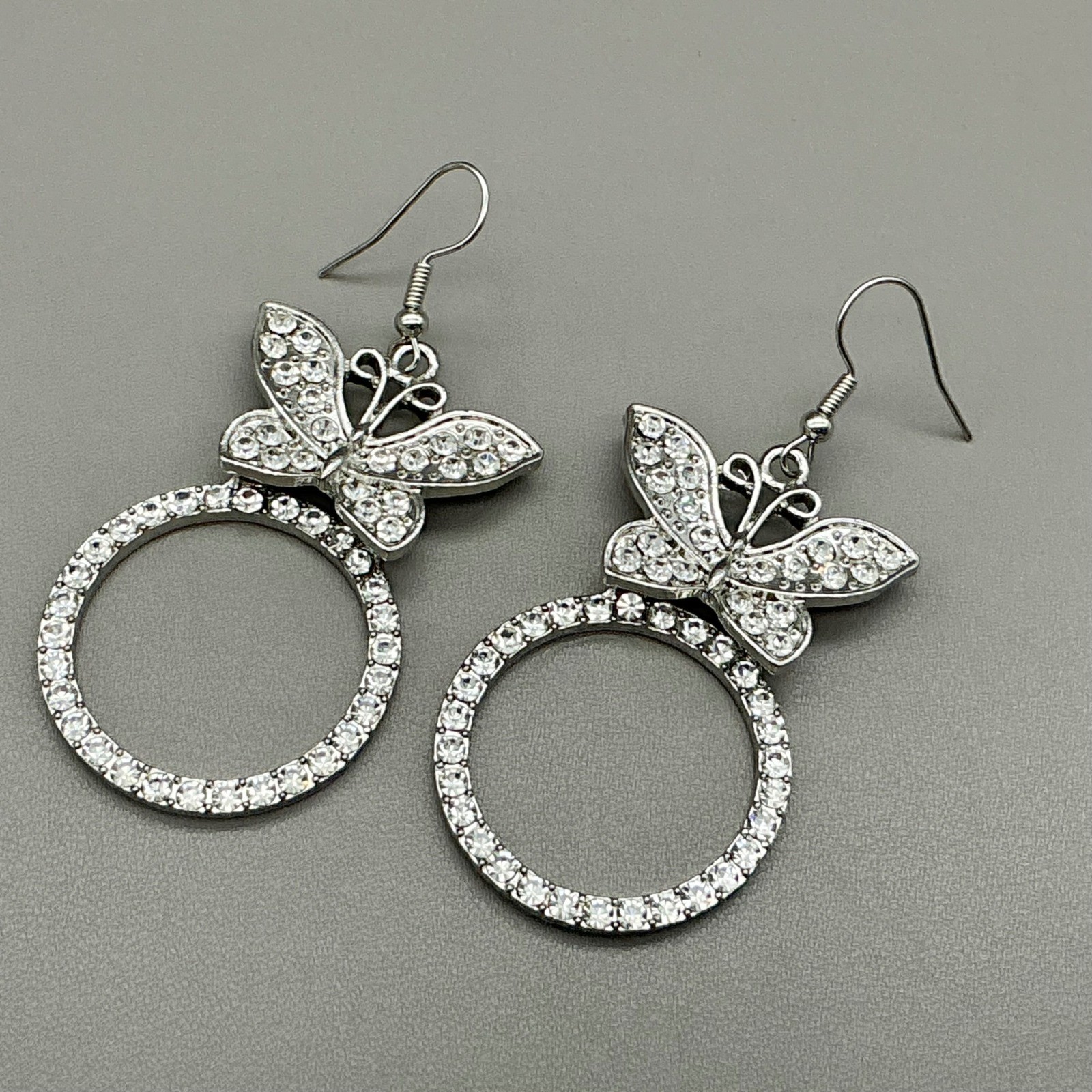 Earrings Womens Silver Tone Butterfly Rhinestone Hoop Dangle Drop 2.25 Inches