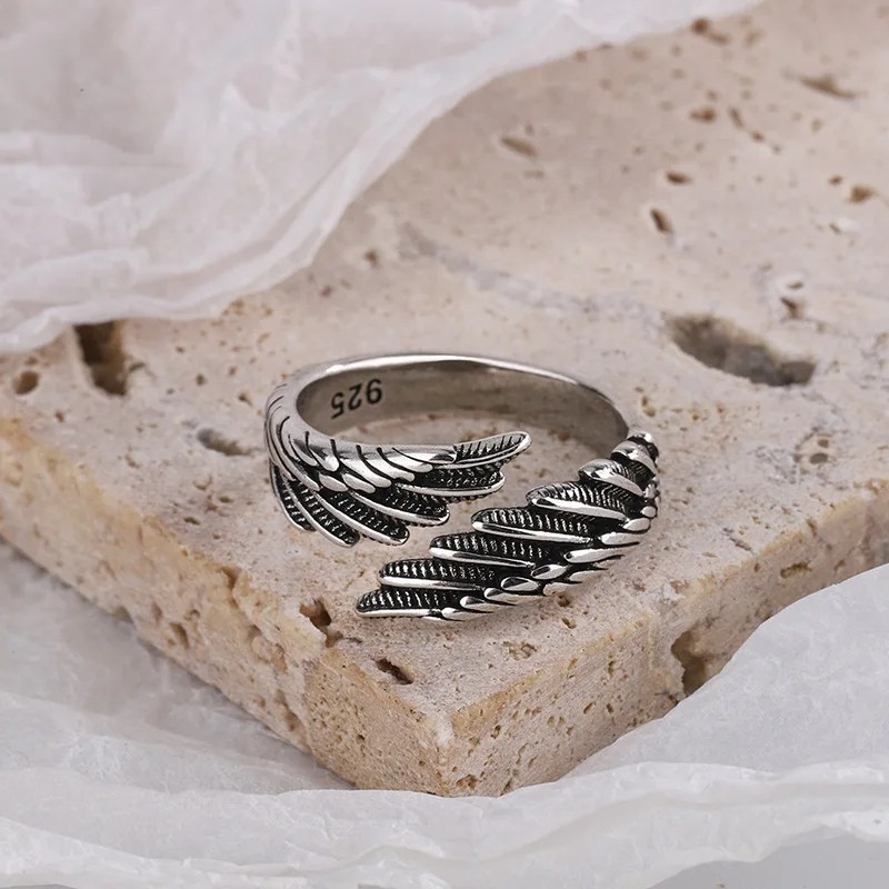 1 Pcs of 925 Sterling Silver Angel Wing Feather Adjustable Ring Wedding Jewelry
