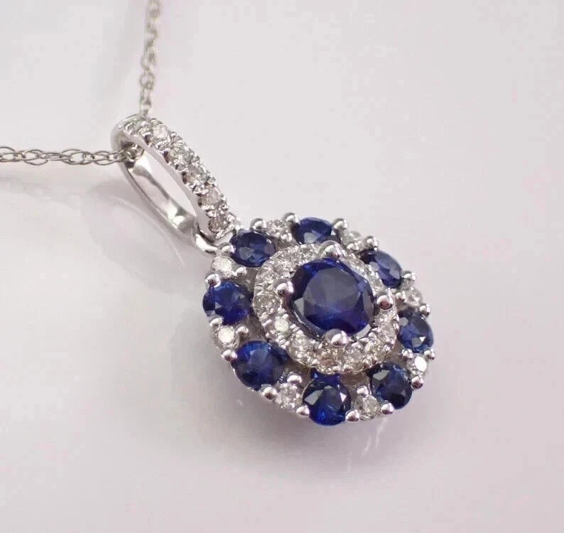 2.50Ct Round Simulated Blue Sapphire Women’s Halo Pendant 14k White Gold Plated