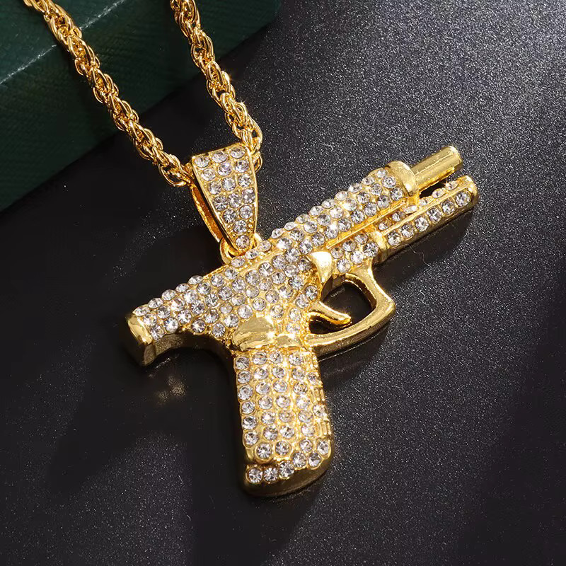 Men’s Fashion Jewelry Iced Handgun Pendant Bling with Rope Chain 16-8