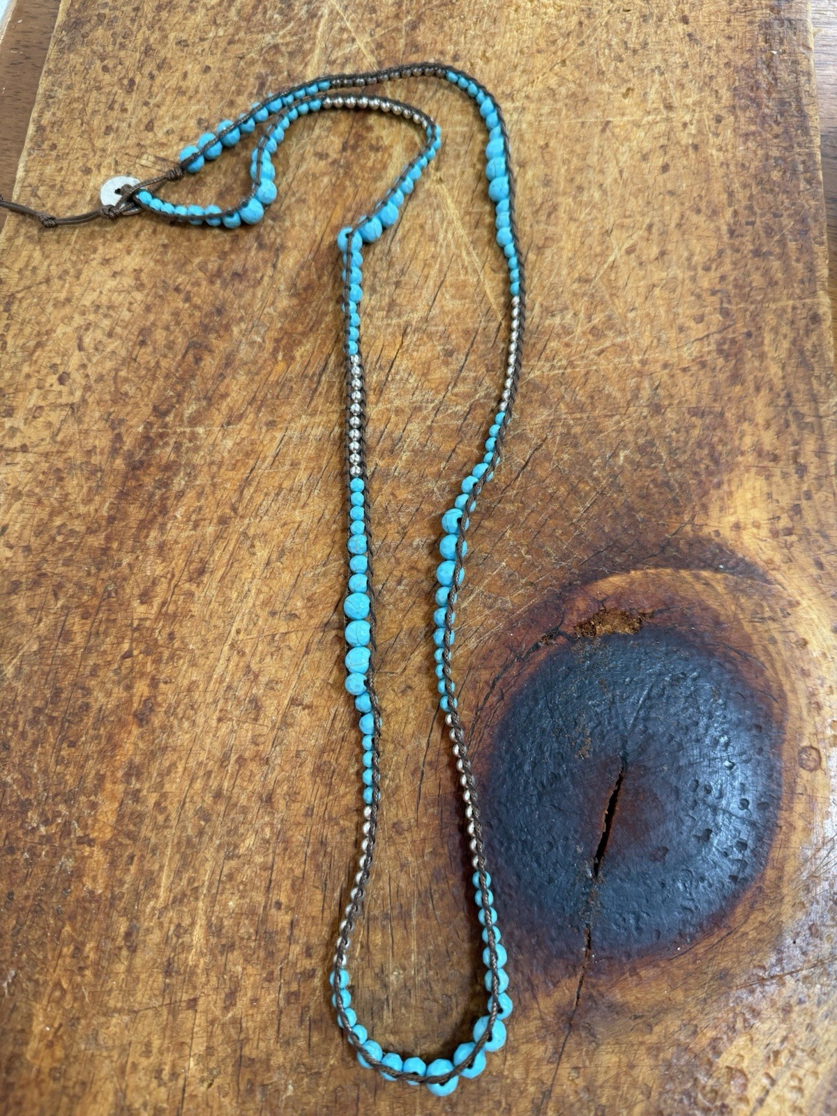 Blue Turquoise Round Beaded Rope Necklace Adjustable No Clasp Bohemian Theme