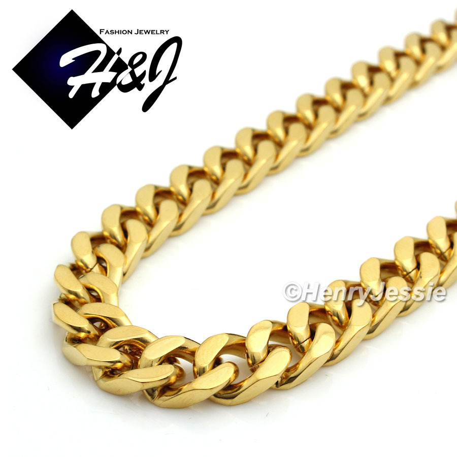 18″-40″MEN Stainless Steel HEAVY WIDE 9mm Gold Plated Cuban Curb Chain Necklace