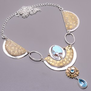 Turquoise – Tibetan 925 Sterling Silver Two Tone Handmade Necklace 17.99″ A378