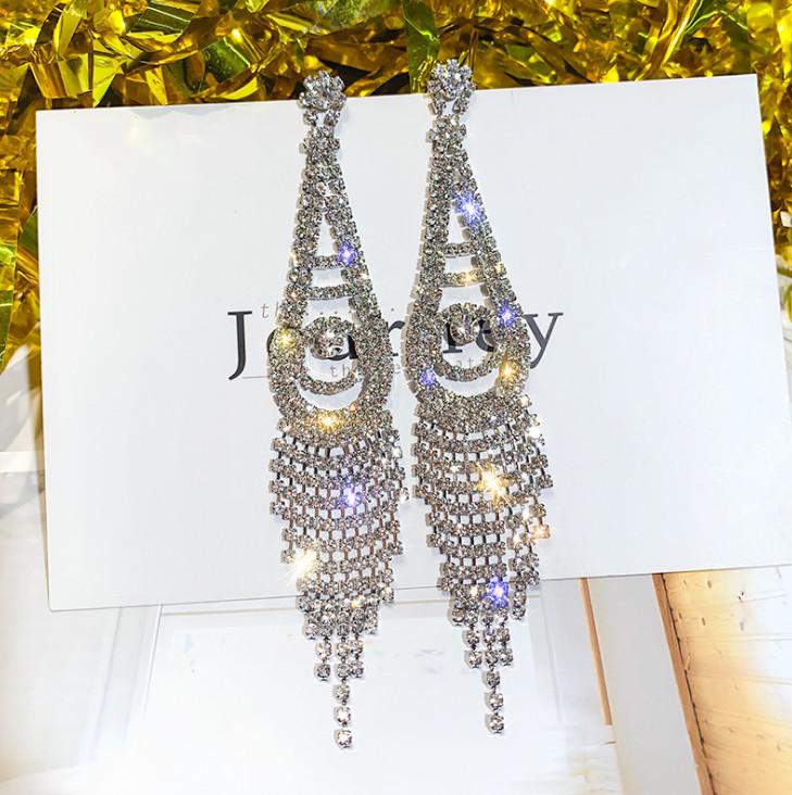 Long 5.5″ Silver Crystal Rhinestone Chandelier Earrings Tassel Dangle Sparkly AZ