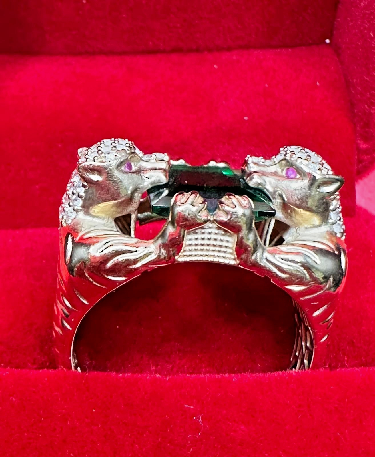 10K Double Panther Head Ring With Green Topaz Stone