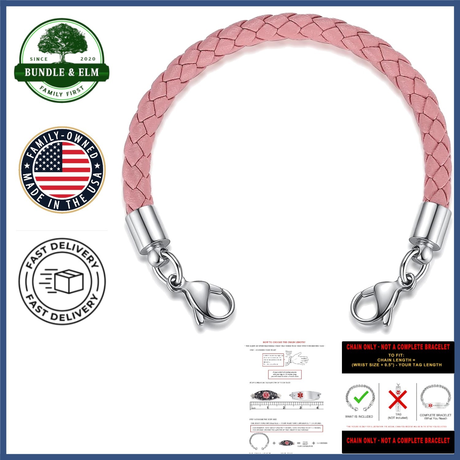 Hypoallergenic Interchangeable Medical ID Bracelet Chain – Pink Leather Style