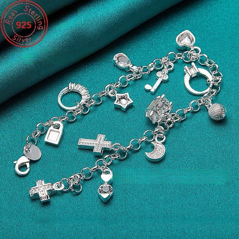925 Sterling Silver Charm Bracelet Heart, Lock, Star, Cross & Rings With Box