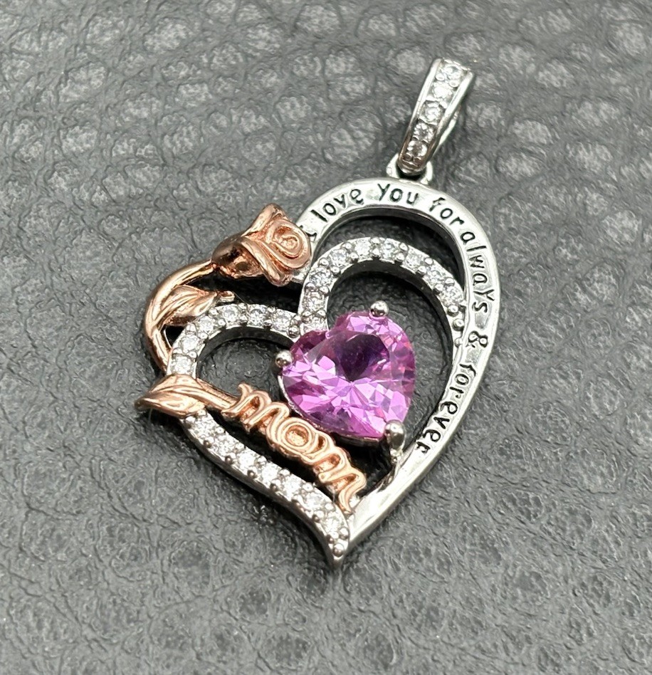 Sterling 925 Silver Rose Gold Accents Moissanite I Love You Mom Heart Pendant