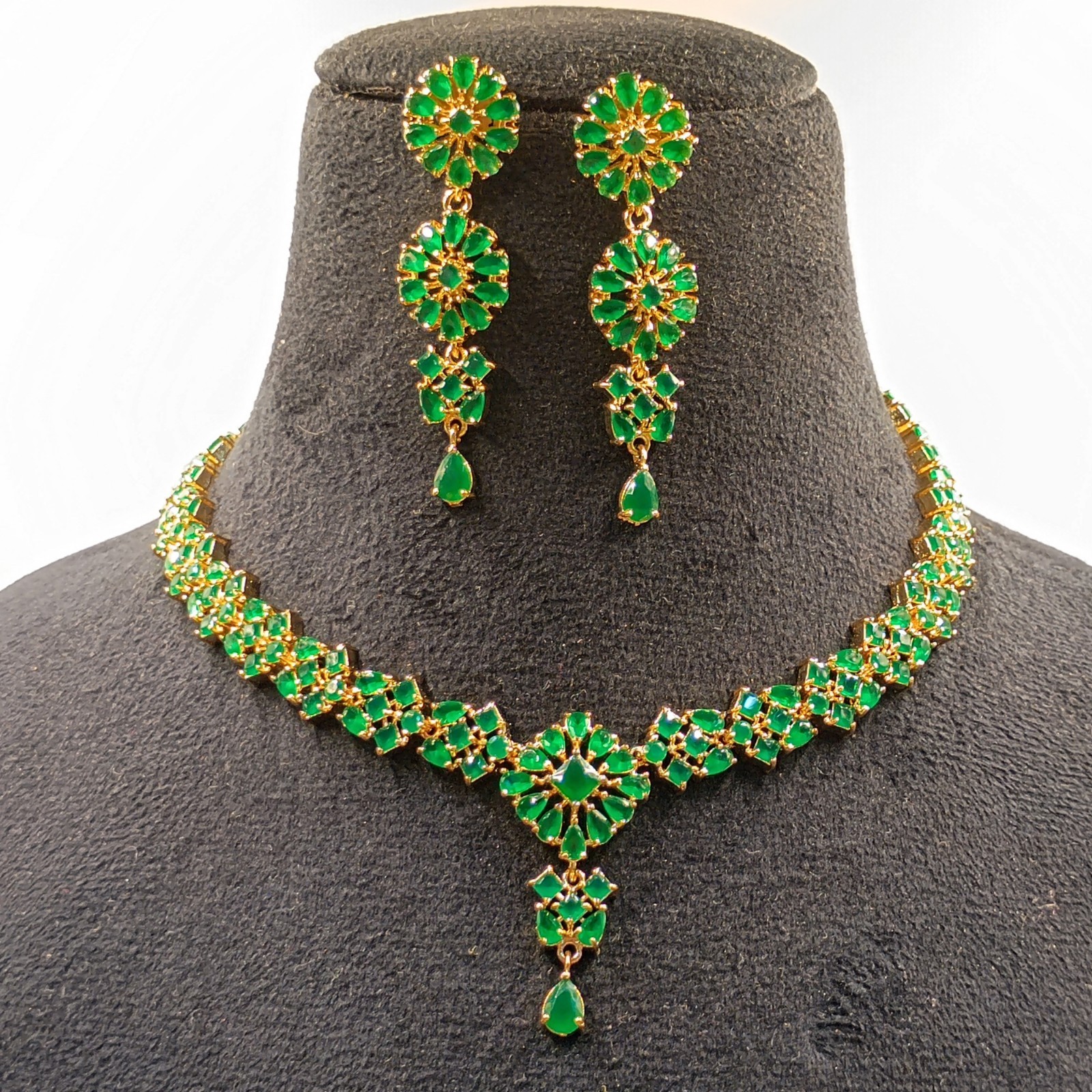 Vintage Emerald Necklace Set 22K Gold Plated Bridal Wedding Anniversary Jewelry