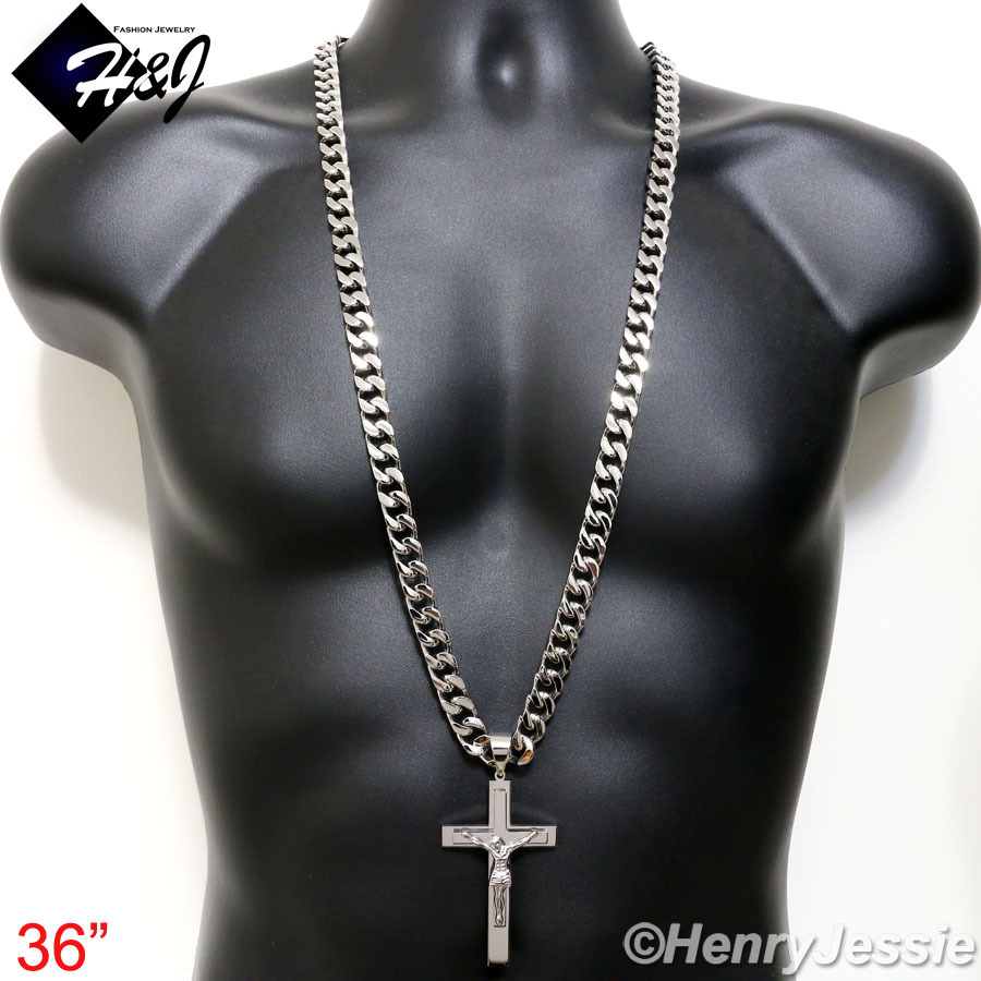 36″MEN Stainless Steel 11x5mm Silver Cuban Curb Chain Necklace Cross Pendant*BJ1