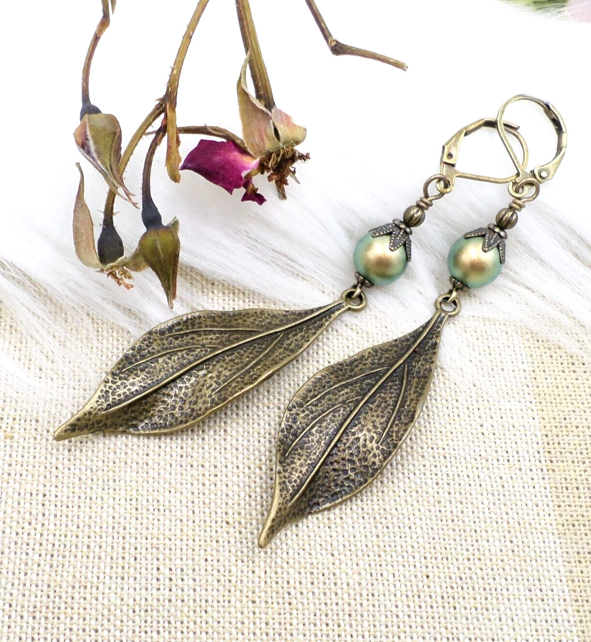 Bohemian Brass Botanical Leaf Earrings, Green Glass Pearl Nature Lover Jewelry
