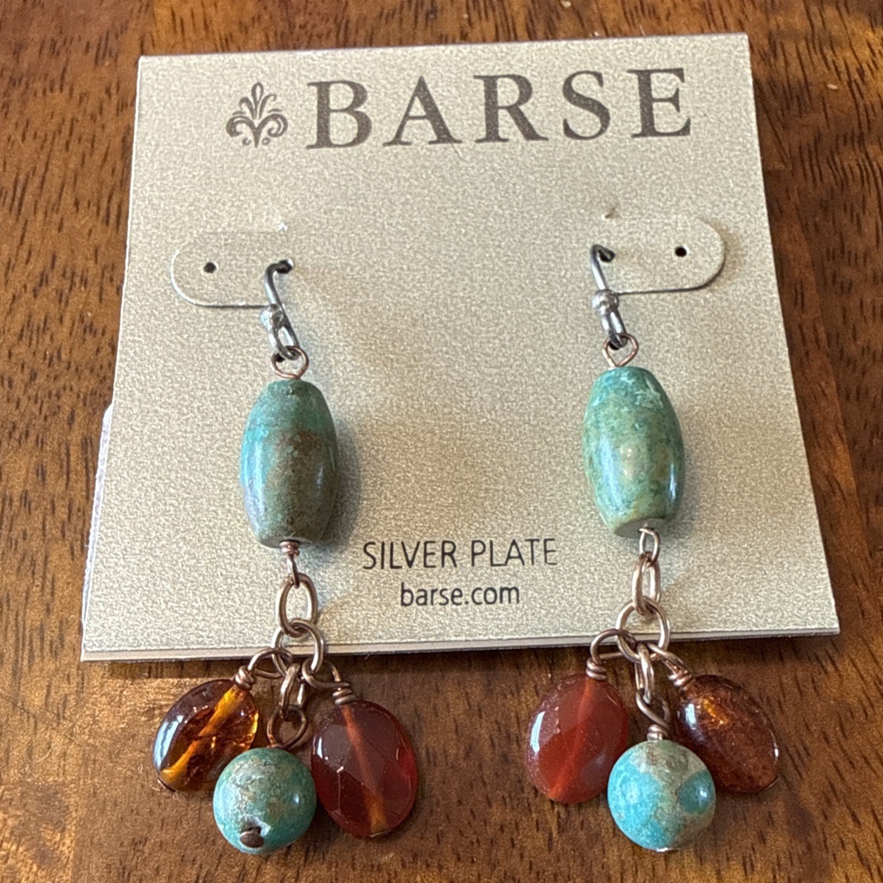 NWT Barse Turquoise Amber Silver Plate Bronze Dangle Earrings 1.5” Multi Stone