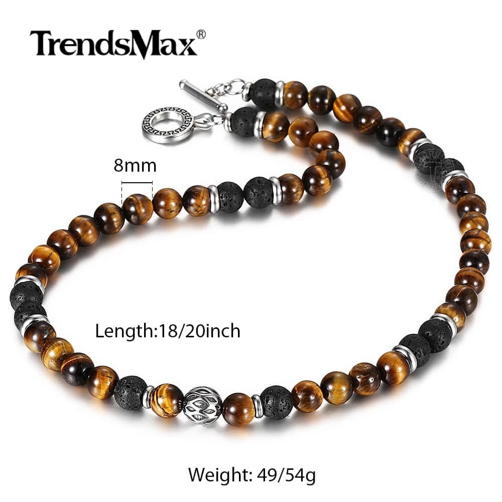 8mm Natural Tiger’s Eye Jasper Lava Beads Choker Necklace Men Women Gift 18inch