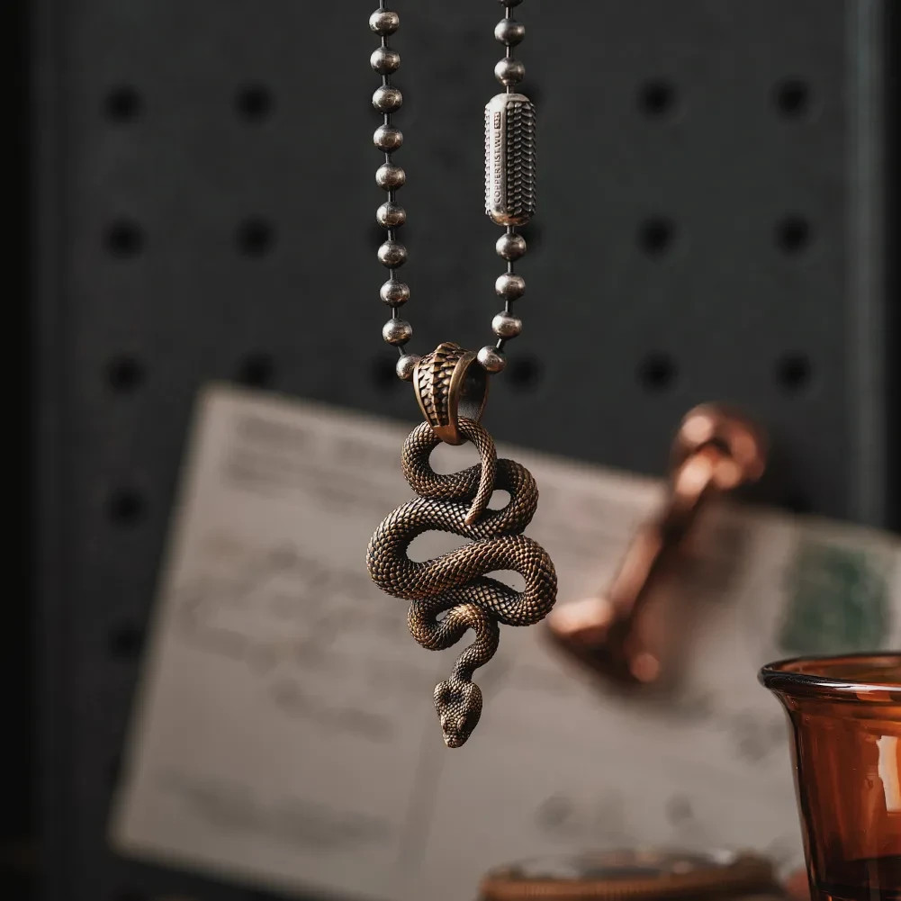 Brass Snake Pendant Necklace Viper Handmade Jewelry Gift Goth Animal for Men