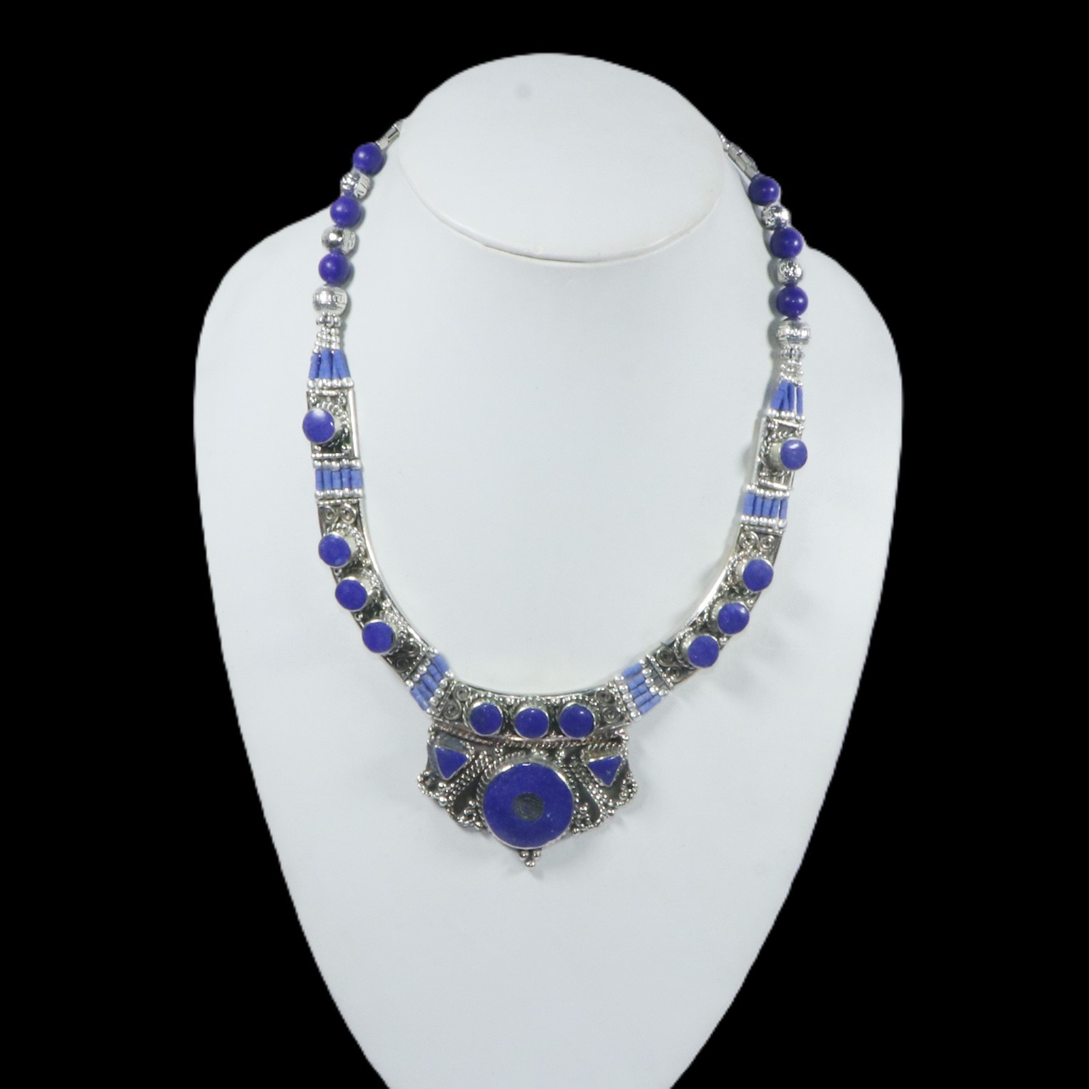 The ethnic statement necklace has a blue color design eye clean gemstone jewelry