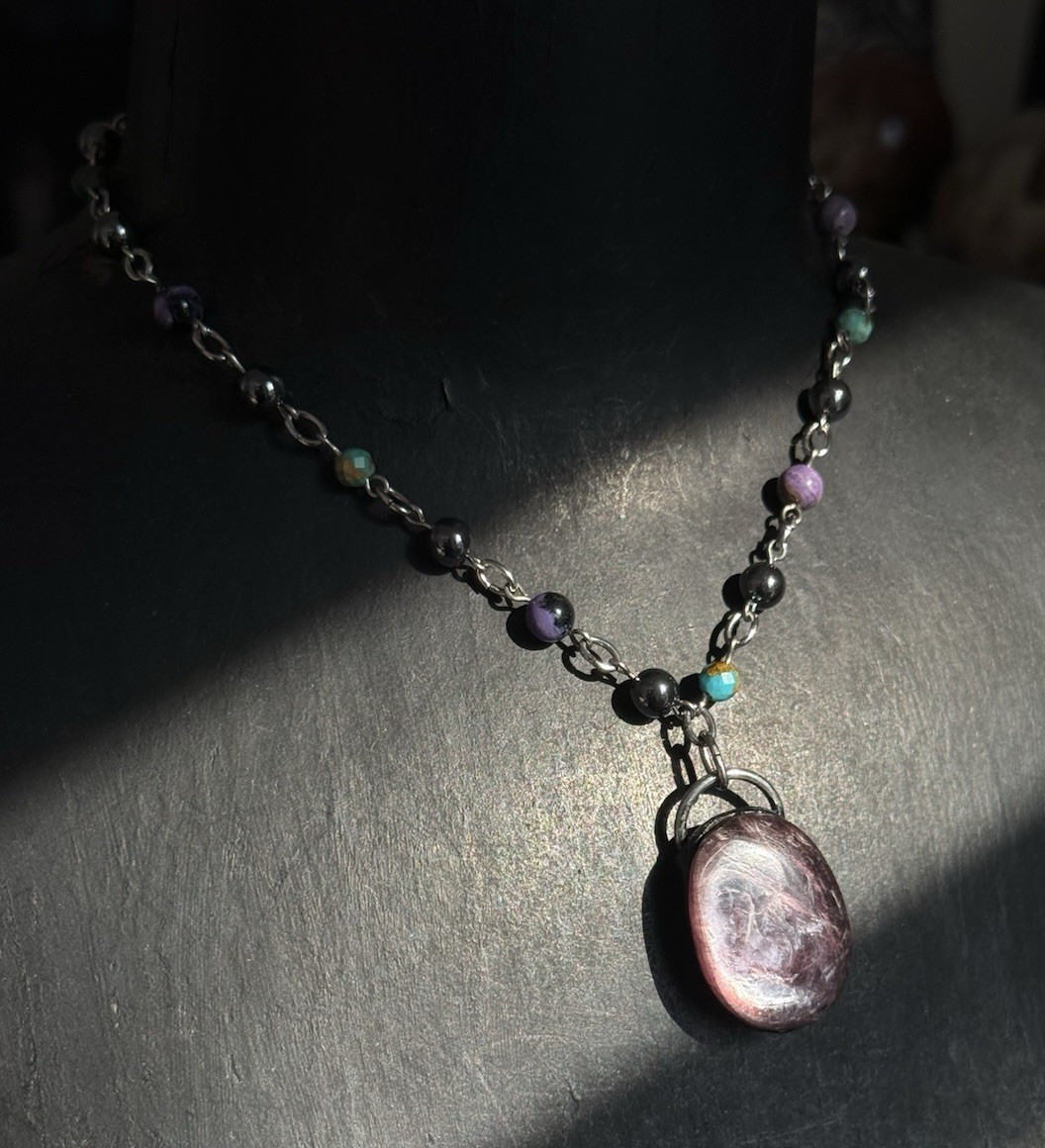Gem Lepidolite crystal necklace on crystal beaded chain rosary style boho witchy