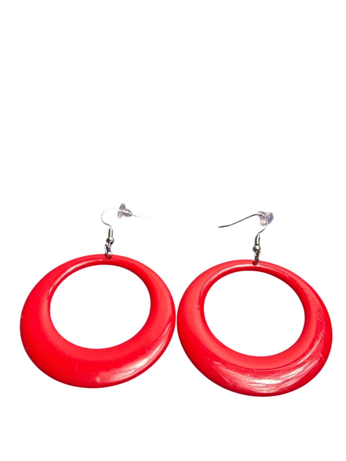 Red Plastic Hoop Dangle Earrings 2 inches Silvertone Hooks