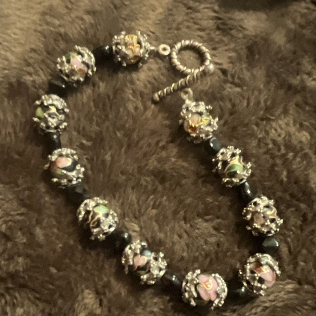 Silver Tone Beaded Charm Bracelet Toggle Closure Black Multicolor Round Beads