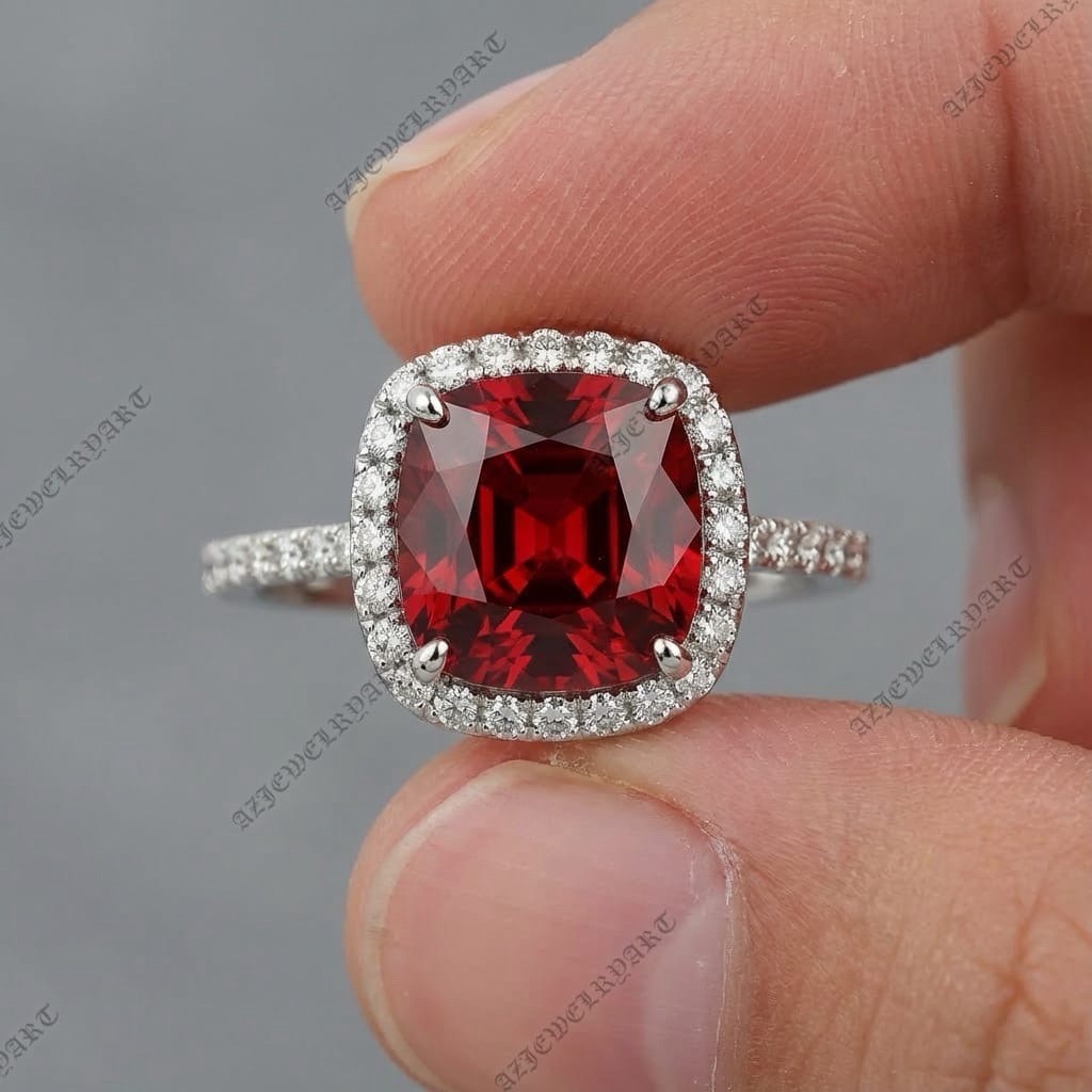 Cushion Cut Red Spinel Ring 925 Sterling Silver Women’s Engagement Ring.