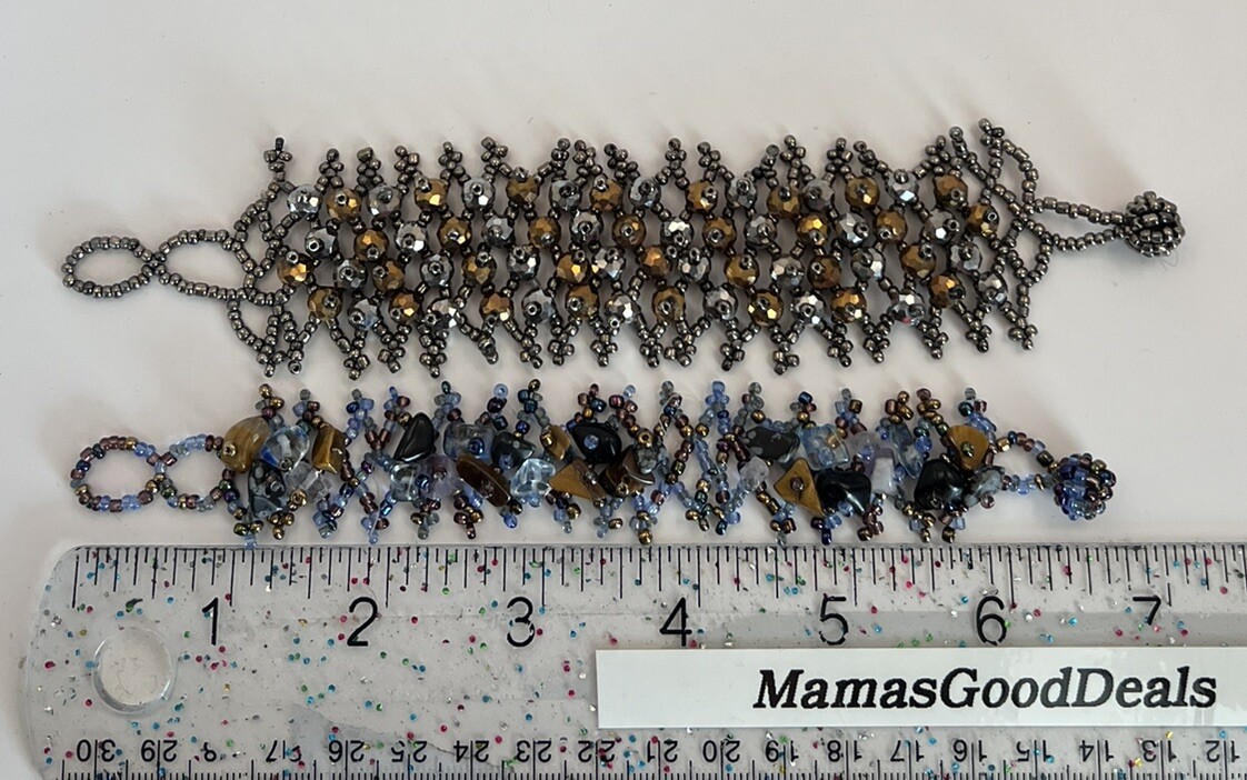 Lot of 2 Artisan Made Beaded Bracelets Black Blue Brown Silver Colors
