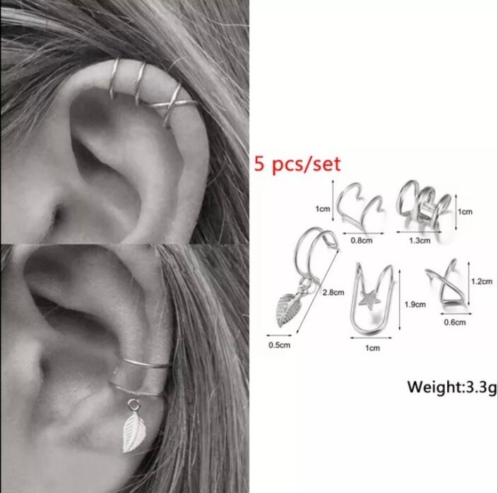 New 5pc Gold Silver Color Metal Ear Cuff Non-Piercing Ear Clips Earrings Jewelry