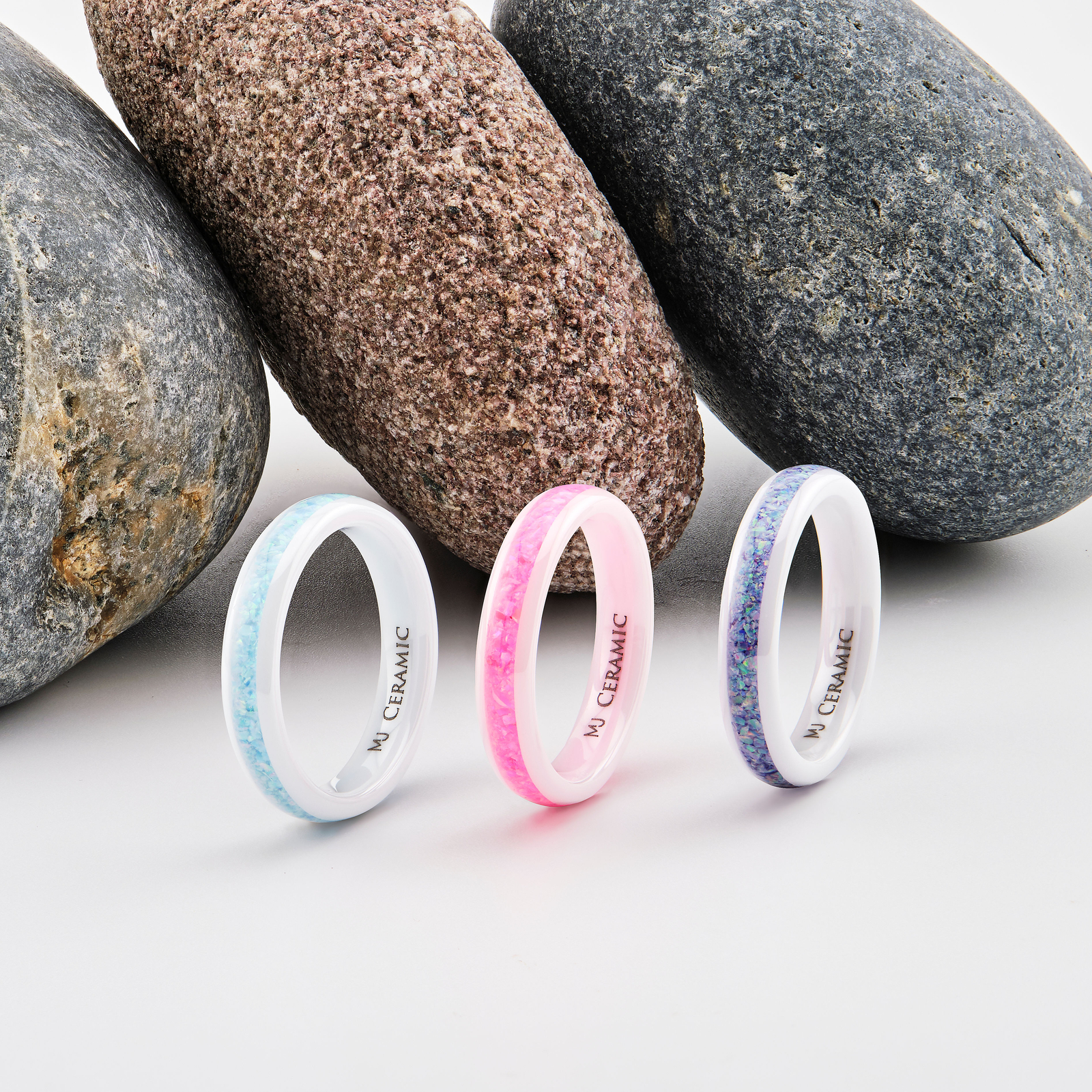 White Ceramic rings Rainbow, Lavender, or Pink Mimosa Opal inlay comfort fit 4mm