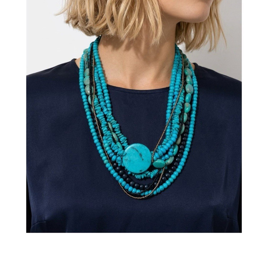 Blue Turquoise Multi-Strand Layered Beaded Statement Necklace, Round Pendant
