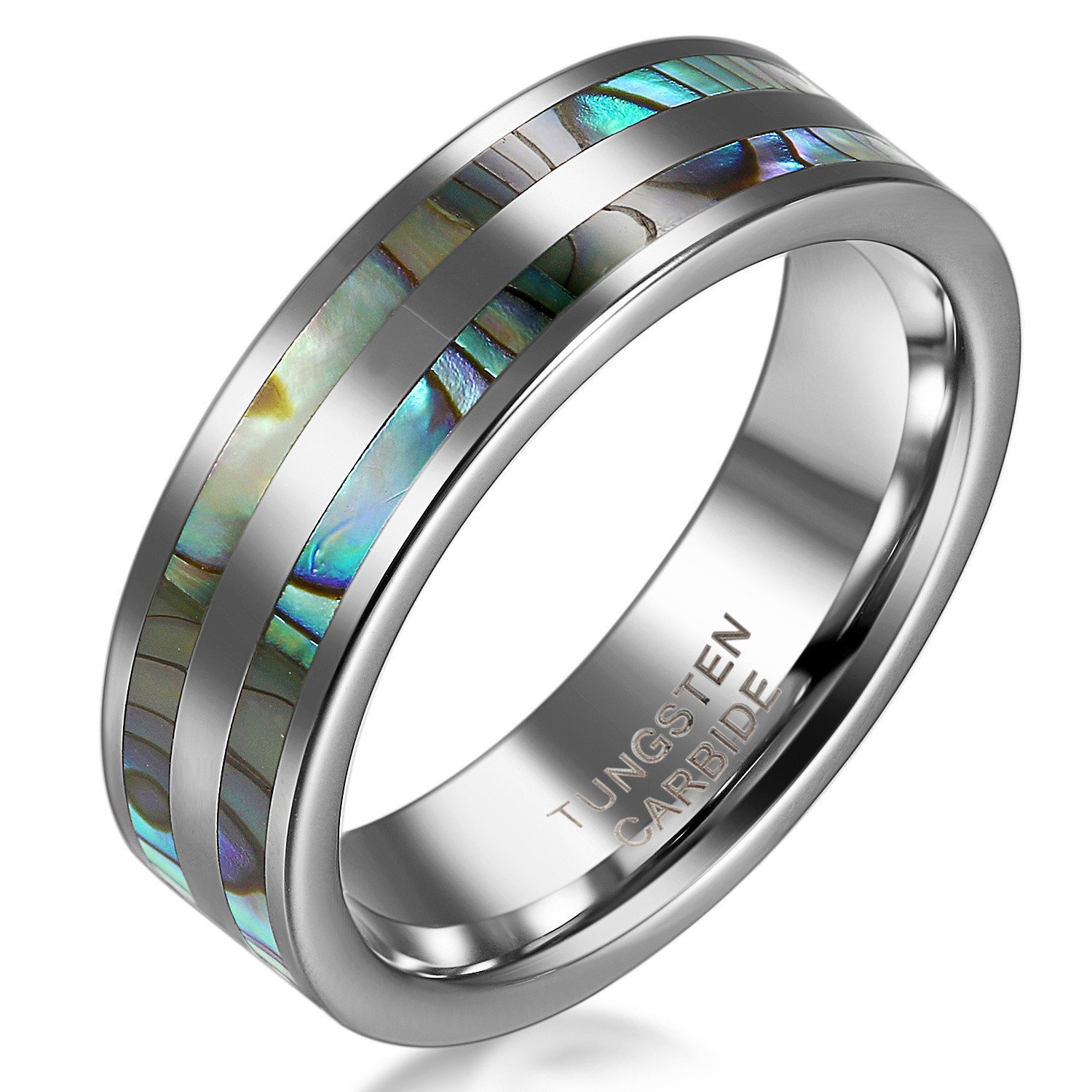 Comfort Fit Tungsten Carbide Ring Black Double Abalone Shell Inlay Wedding Band
