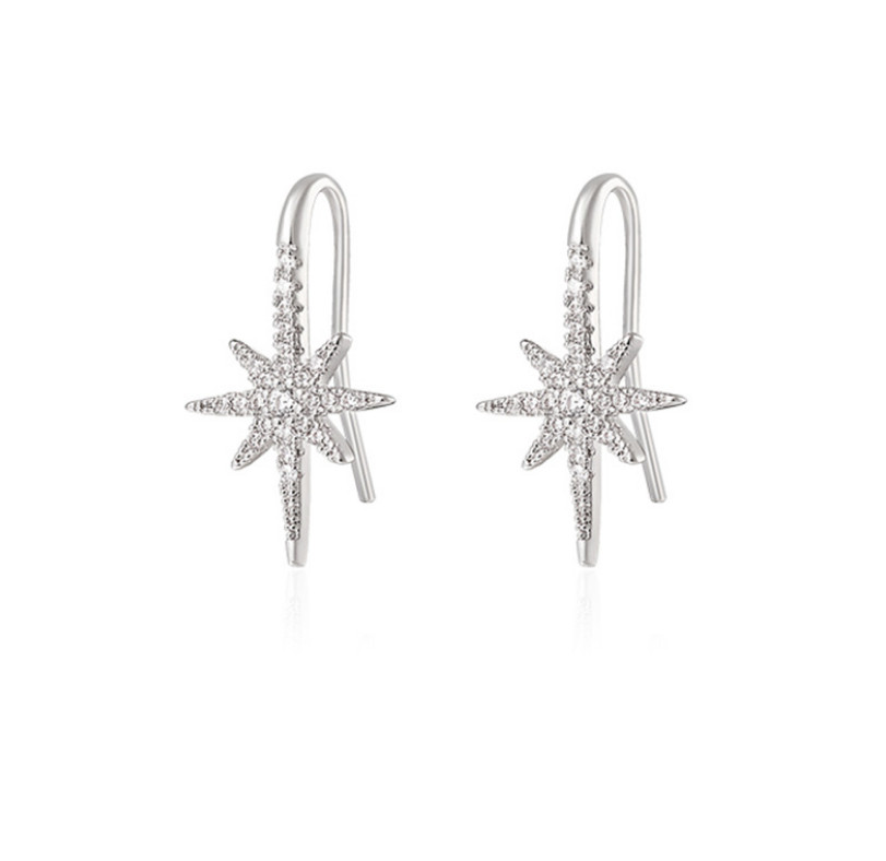 925 Sterling Silver Cz North Star Starburst Hook Stud Earrings 12x19mm Gift I119