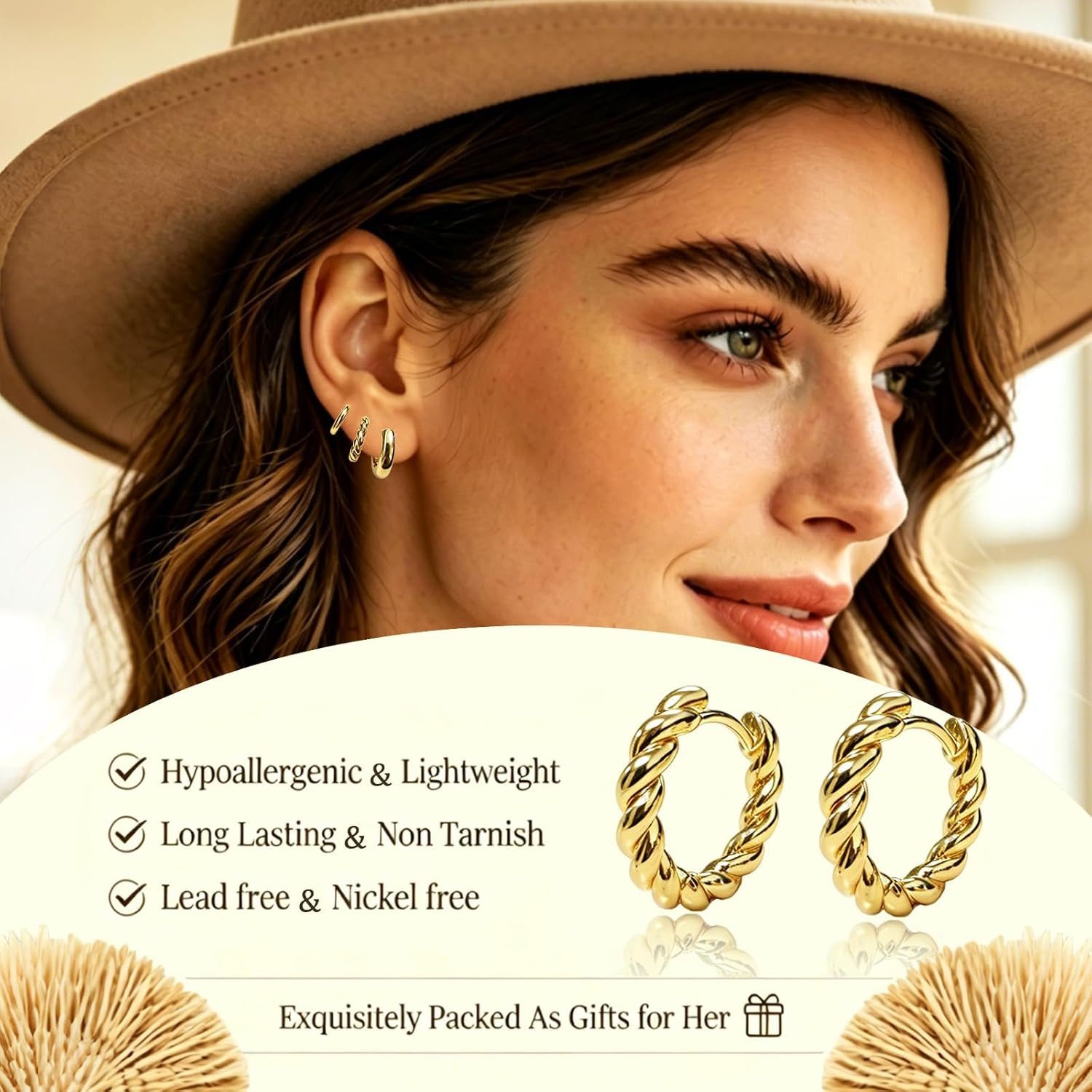 3 Pairs Gold Hoop Earrings for Women, Small 14K Plated Hypoallergenic Huggie Ear