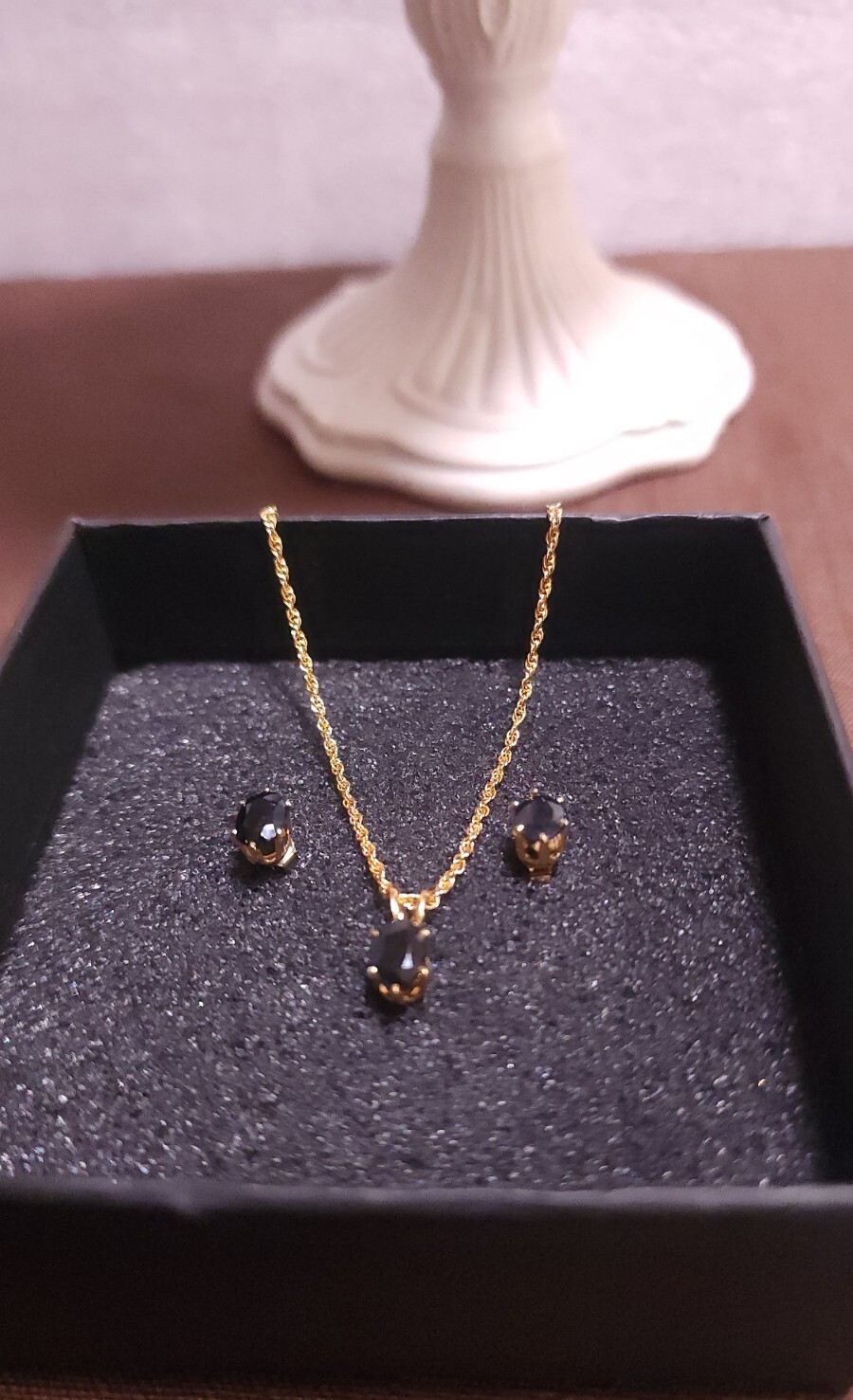 Set Of Gold Tone Blue Sapphire Pendant Necklace And Earrings
