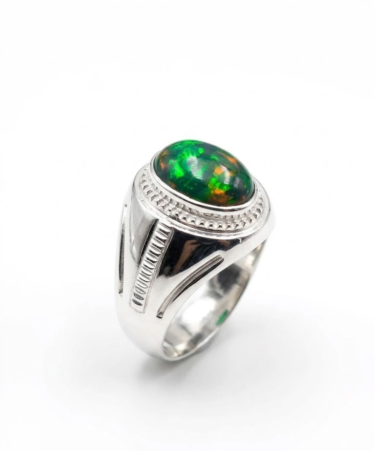 Natural Black Fire Opal Men’s Sterling Silver Ring, Oval Cabochon Statement Ring
