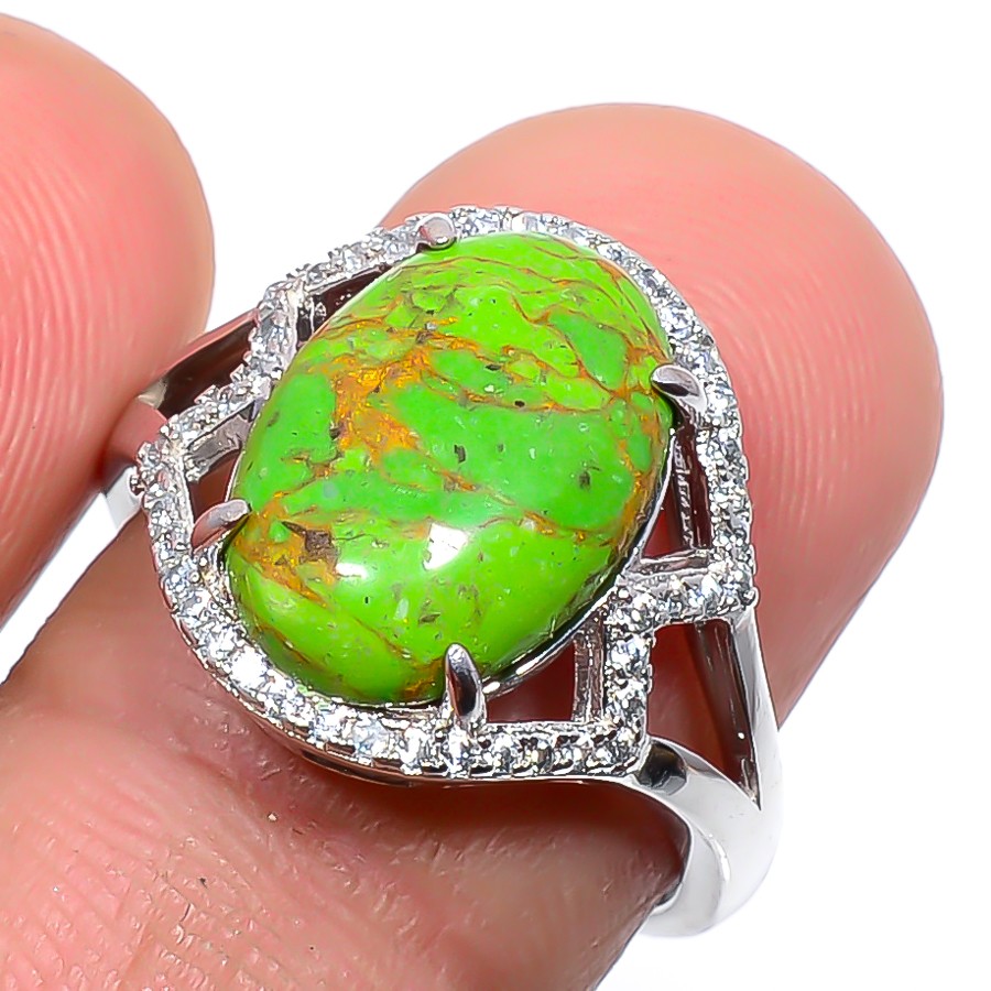 Copper Green Turquoise & Cz 925 Silver Plated Ring Adst (R149)