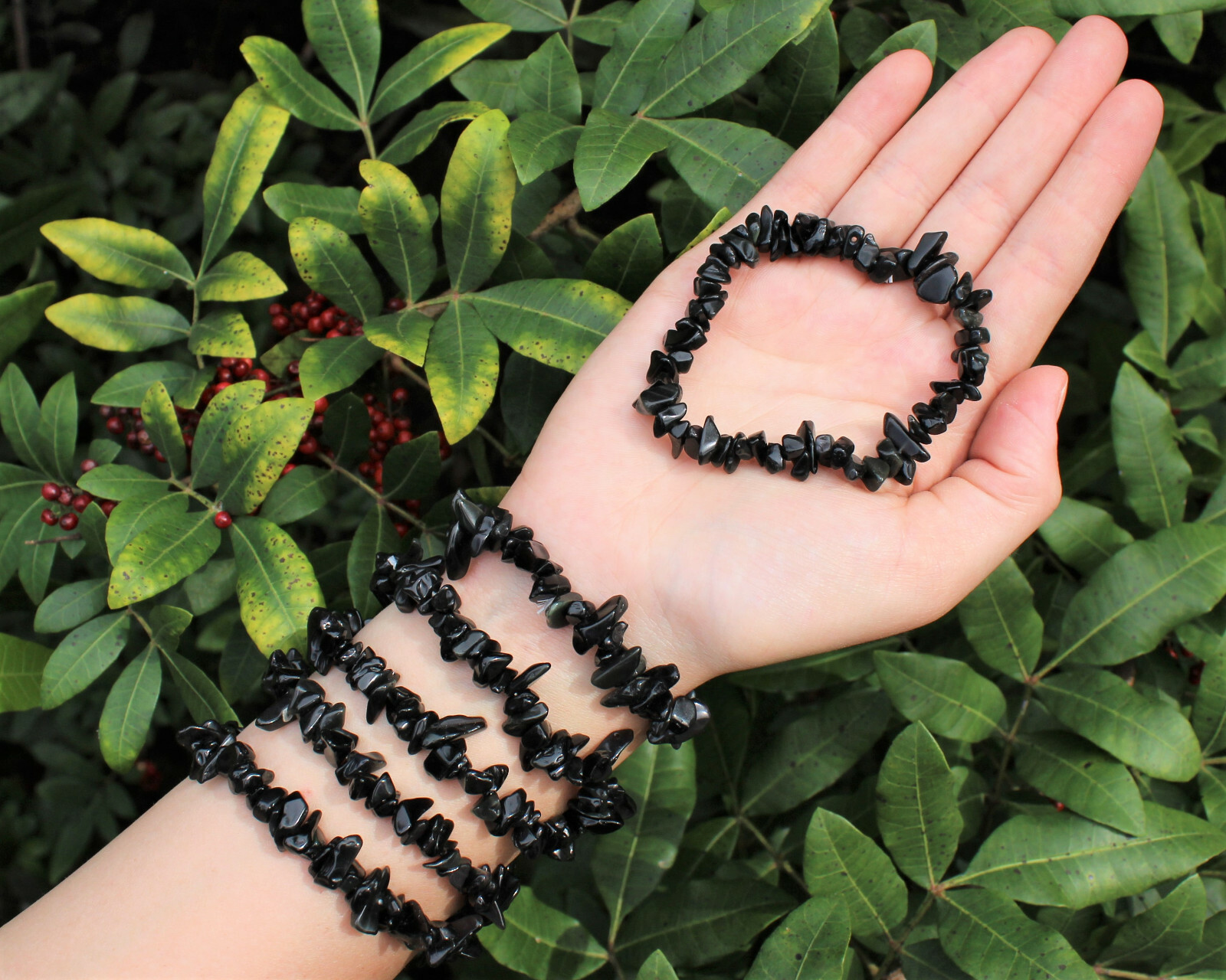 Black Obsidian Chip Bracelet, Stretch: Raw Natural Crystal Healing US SELLER