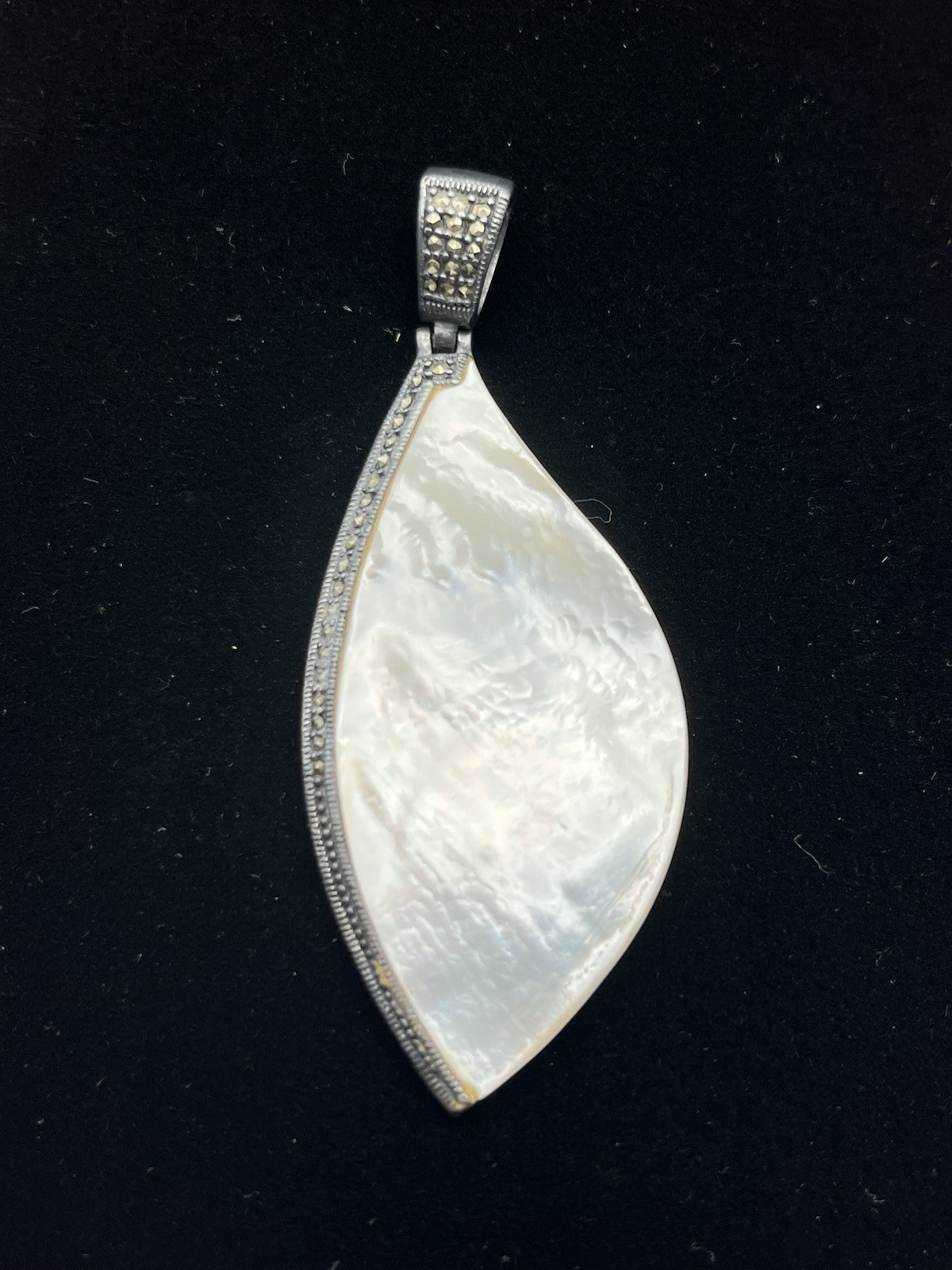 Large Mother Of Pearl And 925 Sterling Silver Marcasite Pendant 17 Grams Signed