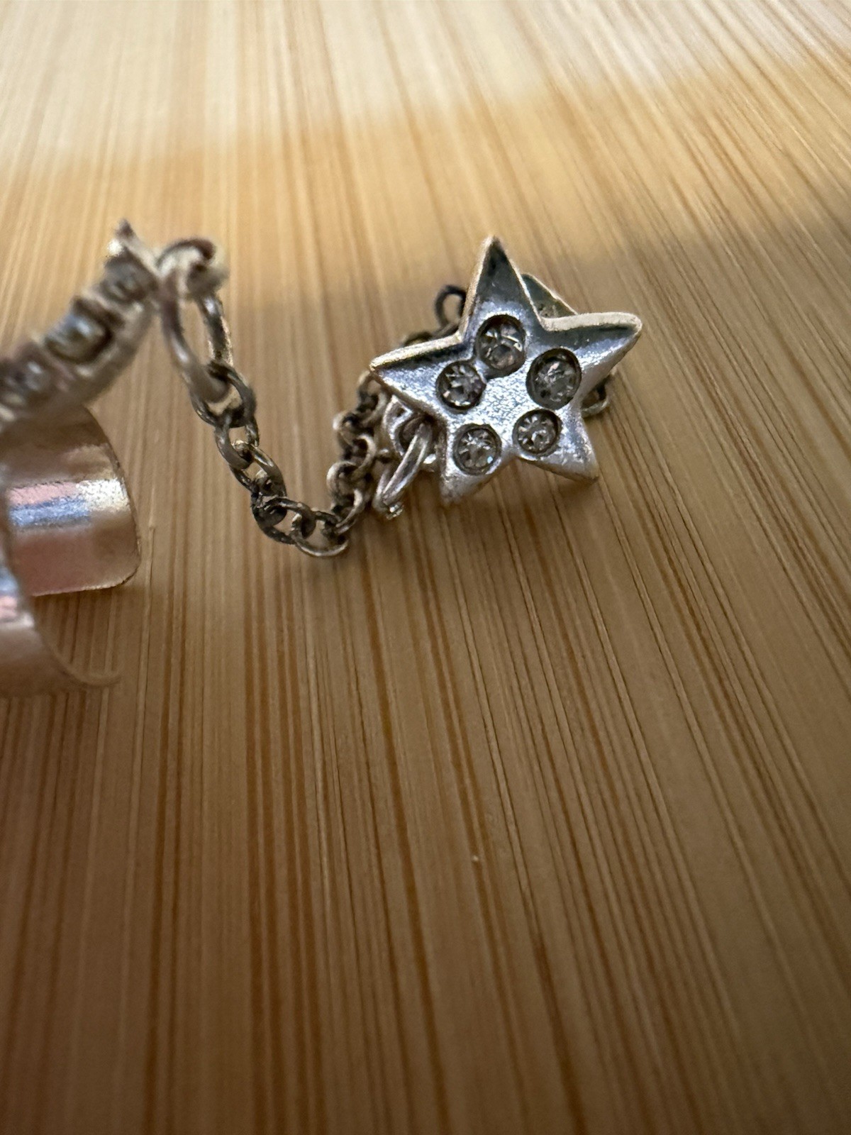 Silver Tone Charm Bracelet w/ Dangle Crescent Moon Star & Clear Stones