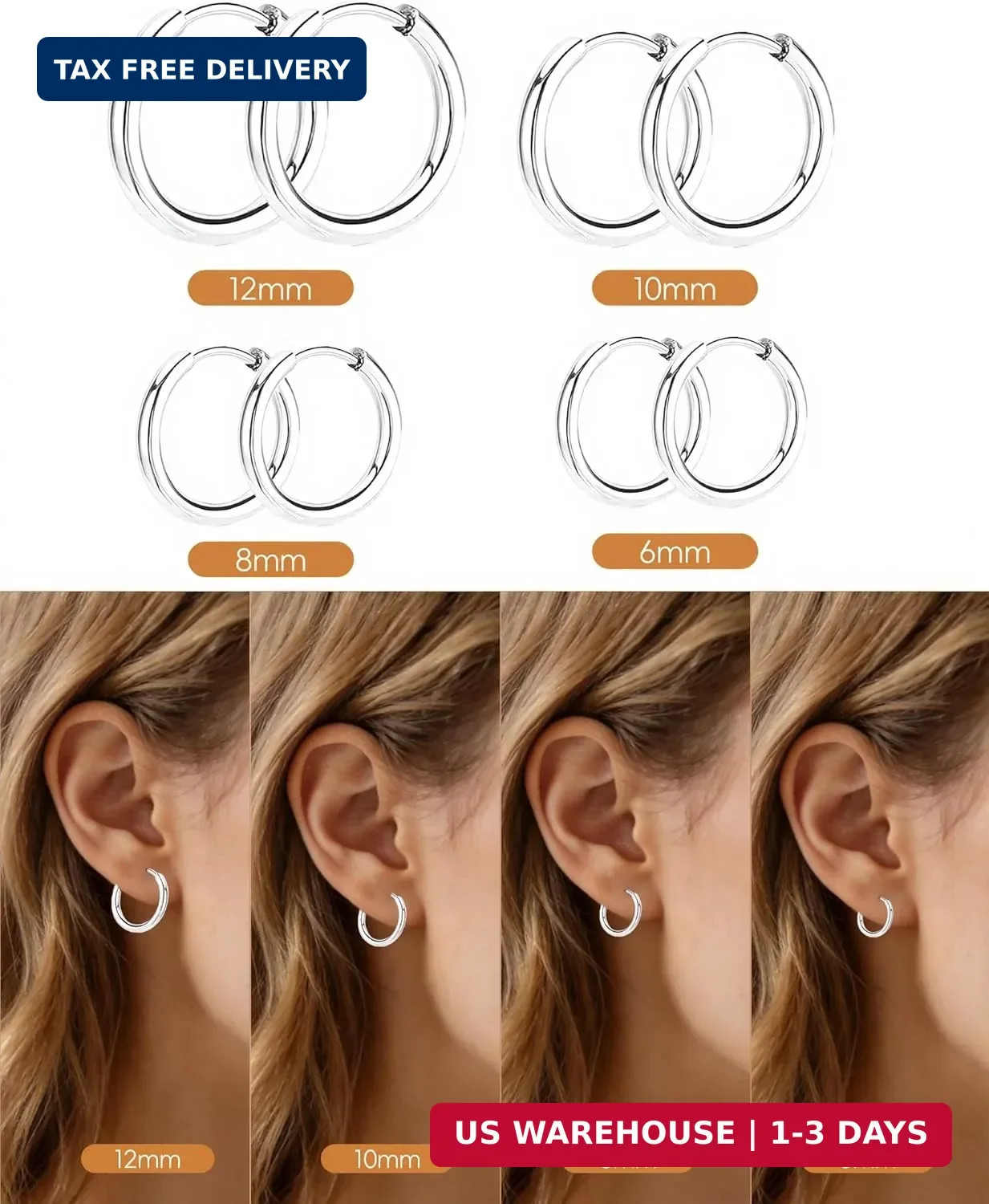 Small Huggie Hoop Earrings for 6mm, 8mm, 10mm, 12mm, Silver -6/8/10/12mm
