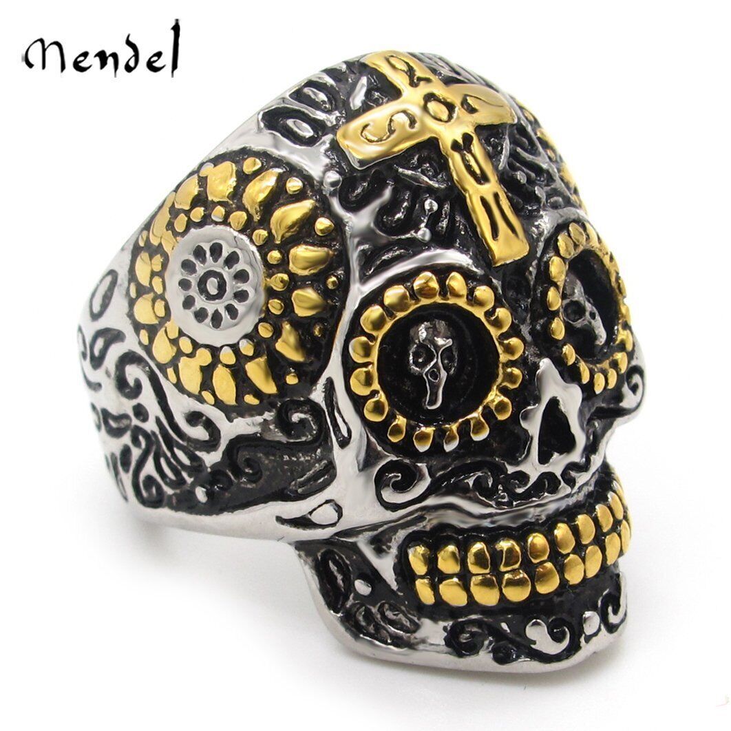 MENDEL Mens Gold Plated Motorcycle Biker Skull Ring Stainless Steel Size 7-15