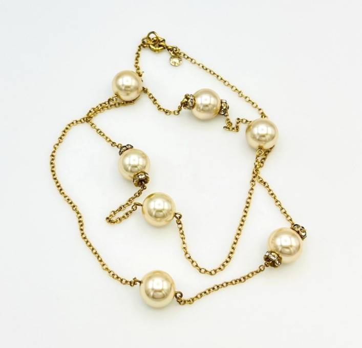 J Crew Gold Tone Faux Champagne Pearl Crystal Rondell Station Necklace 34 in